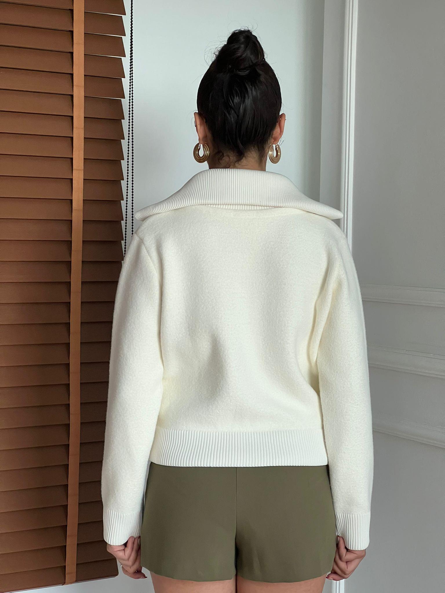 Fermuarlı Triko Ceket Hırka 25421 Kemik