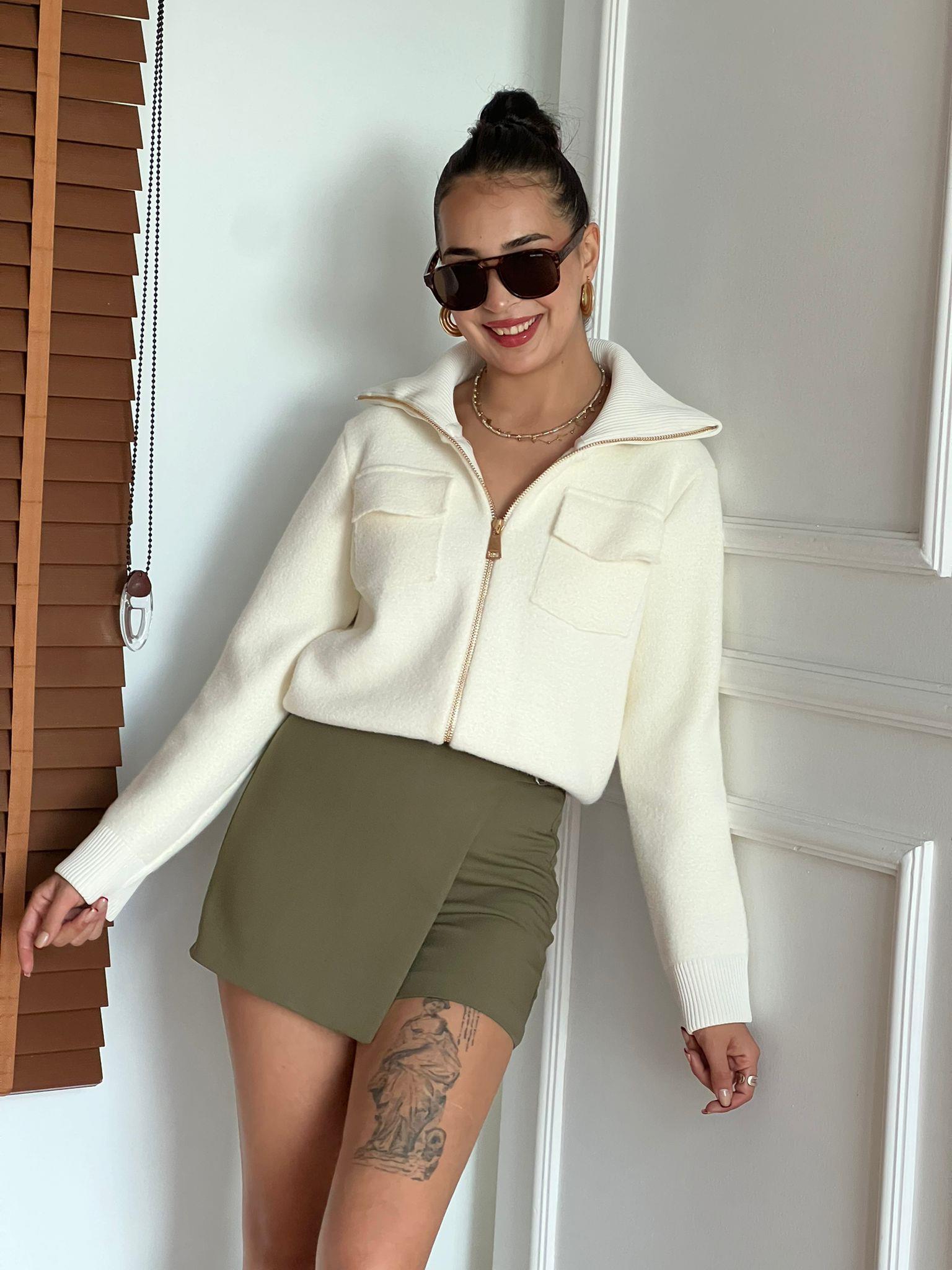 Fermuarlı Triko Ceket Hırka 25421 Kemik