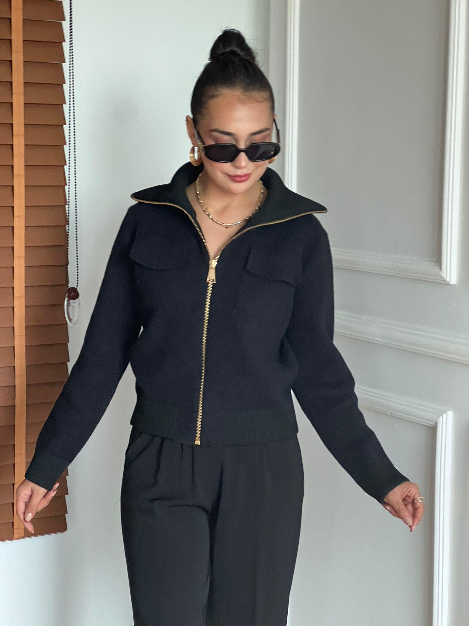 Fermuarlı Triko Ceket Hırka 25421 Siyah