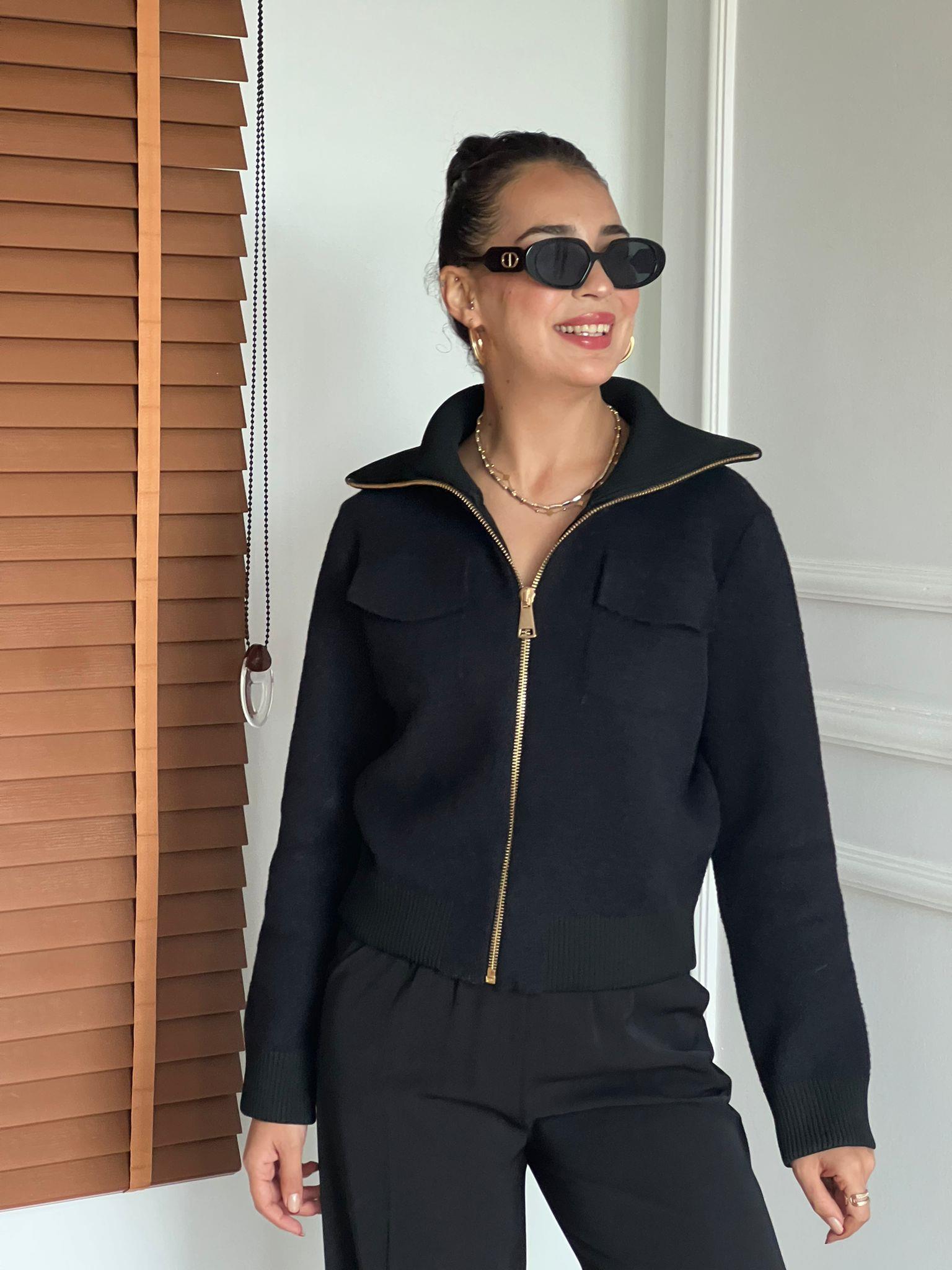 Fermuarlı Triko Ceket Hırka 25421 Siyah