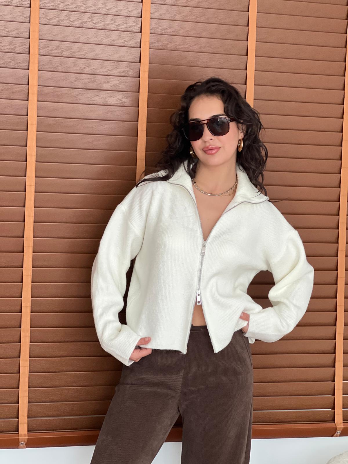 Fermuarlı Triko Hırka 4630 Ekru