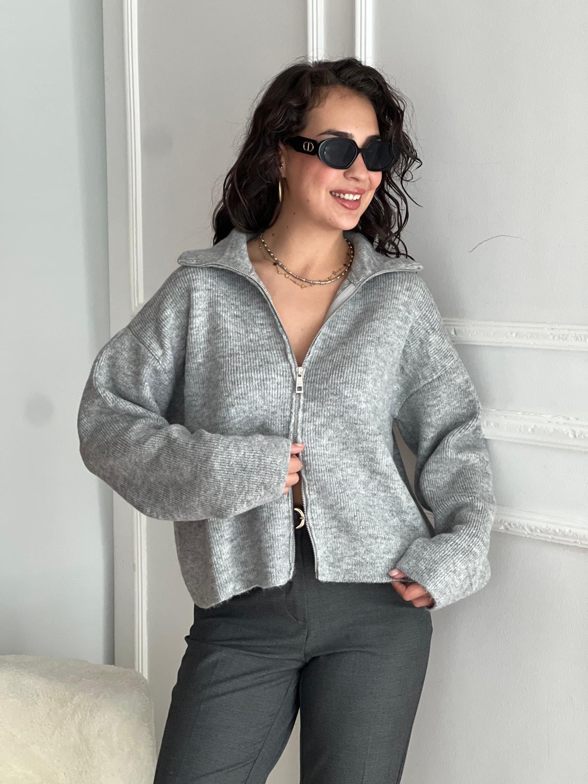 Fermuarlı Triko Hırka 4630 Gri