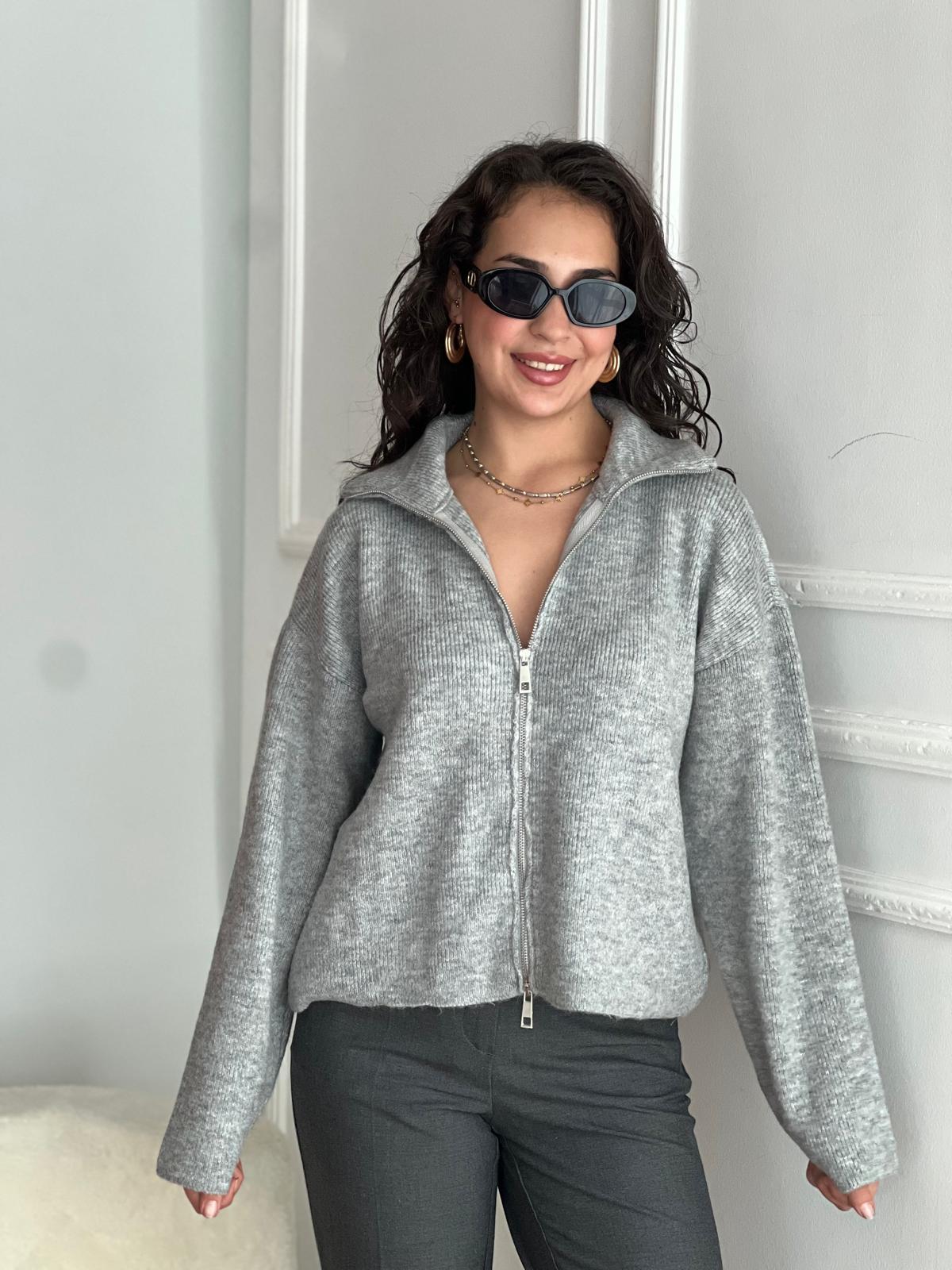 Fermuarlı Triko Hırka 4630 Gri