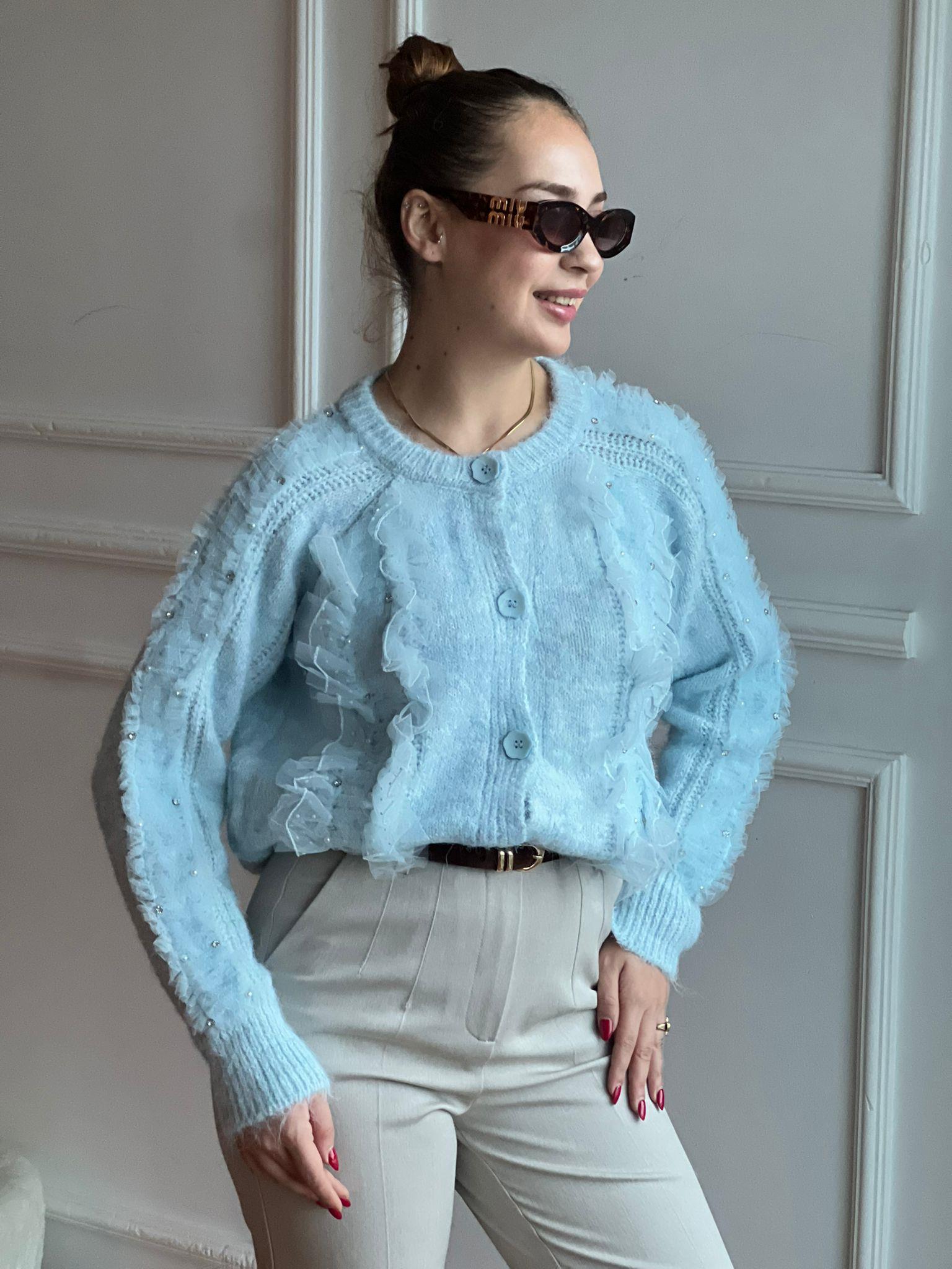 Fırfır ve Taş Detaylı Hırka 95177 Mavi