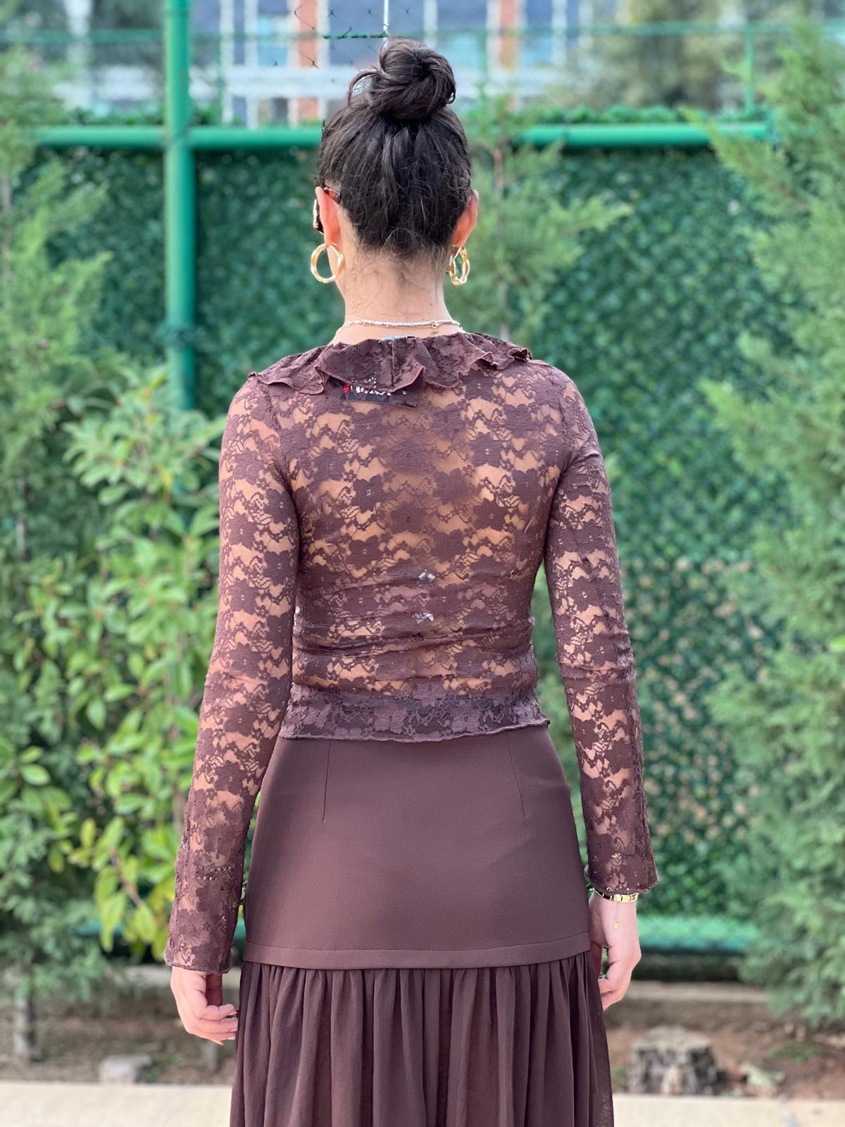 Fırfırlı Dantelli Bluz 6923 Kahverengi