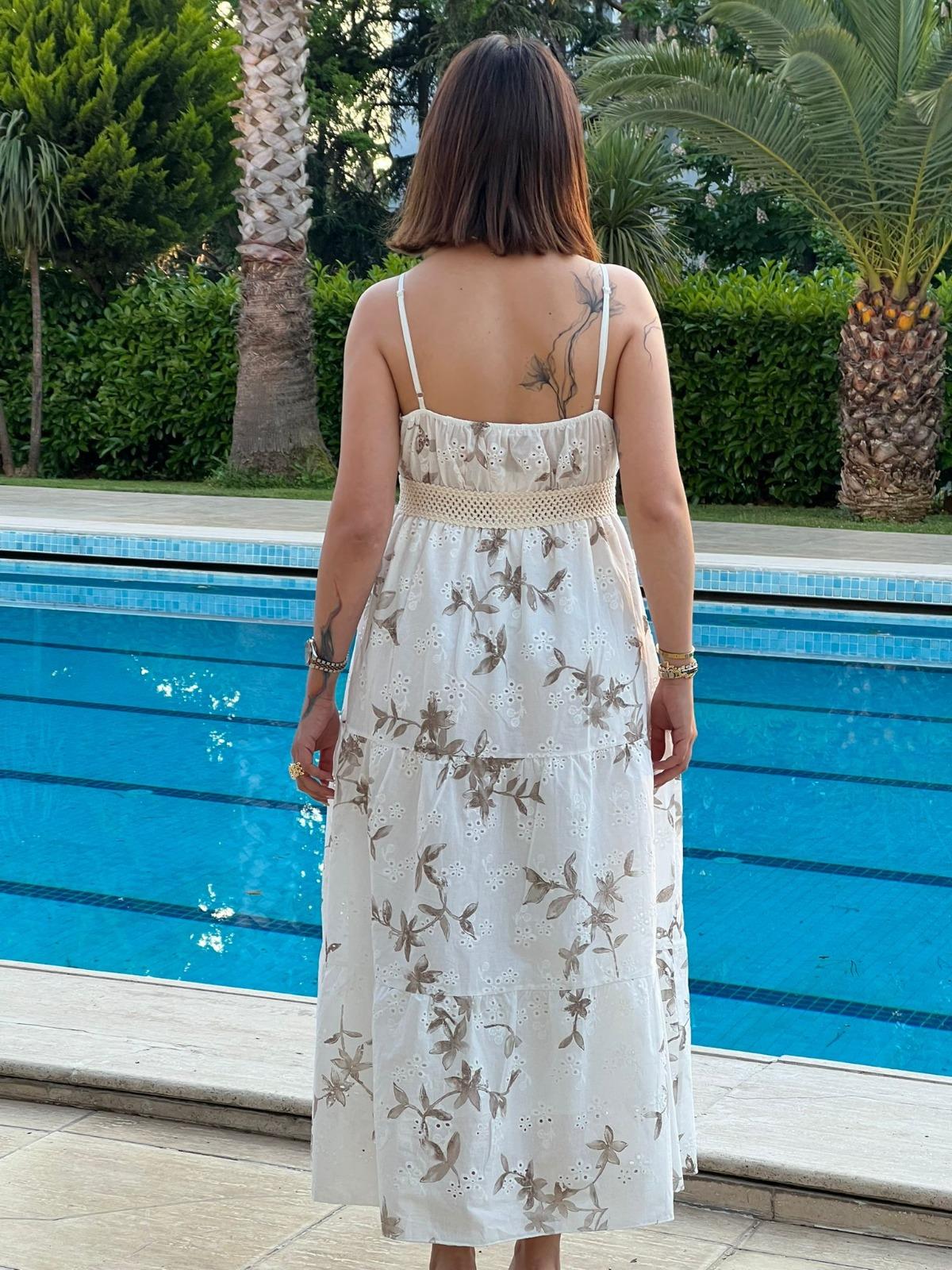 Fistolu Çiçek Desenli Elbise 39878 Vizon