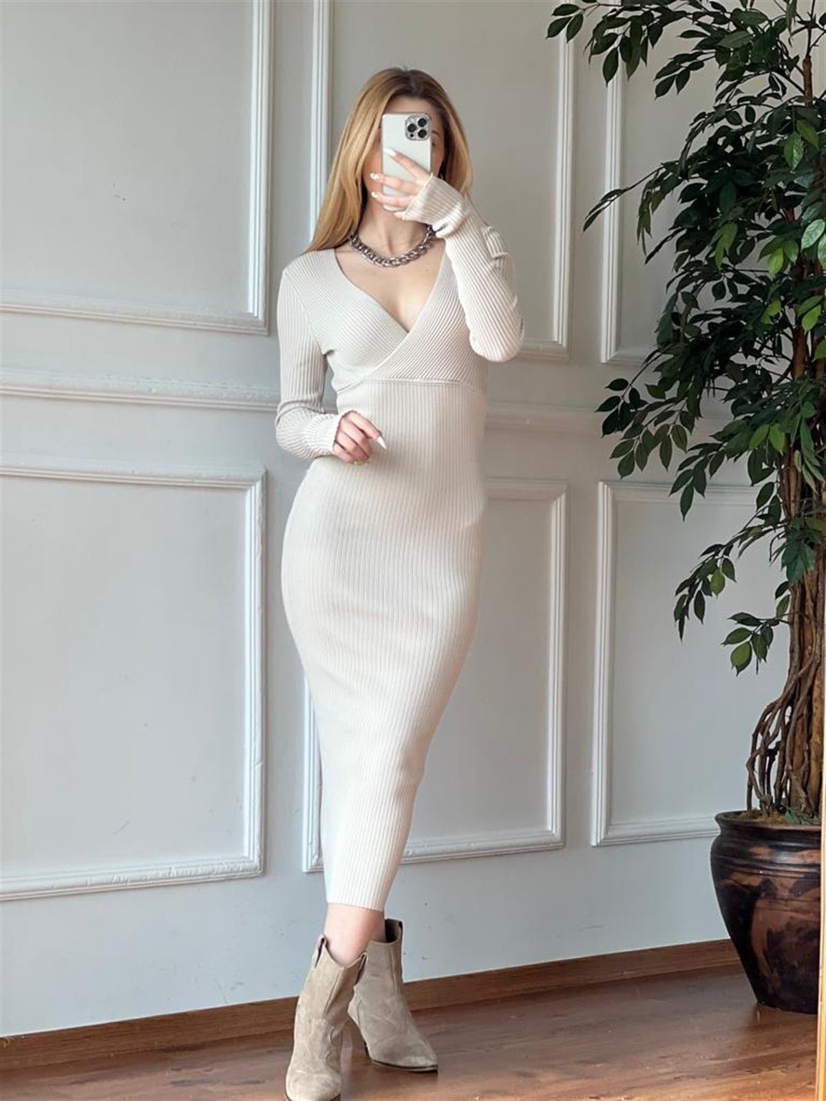 Fitilli Kruvaze Triko Elbise 2937 Bej