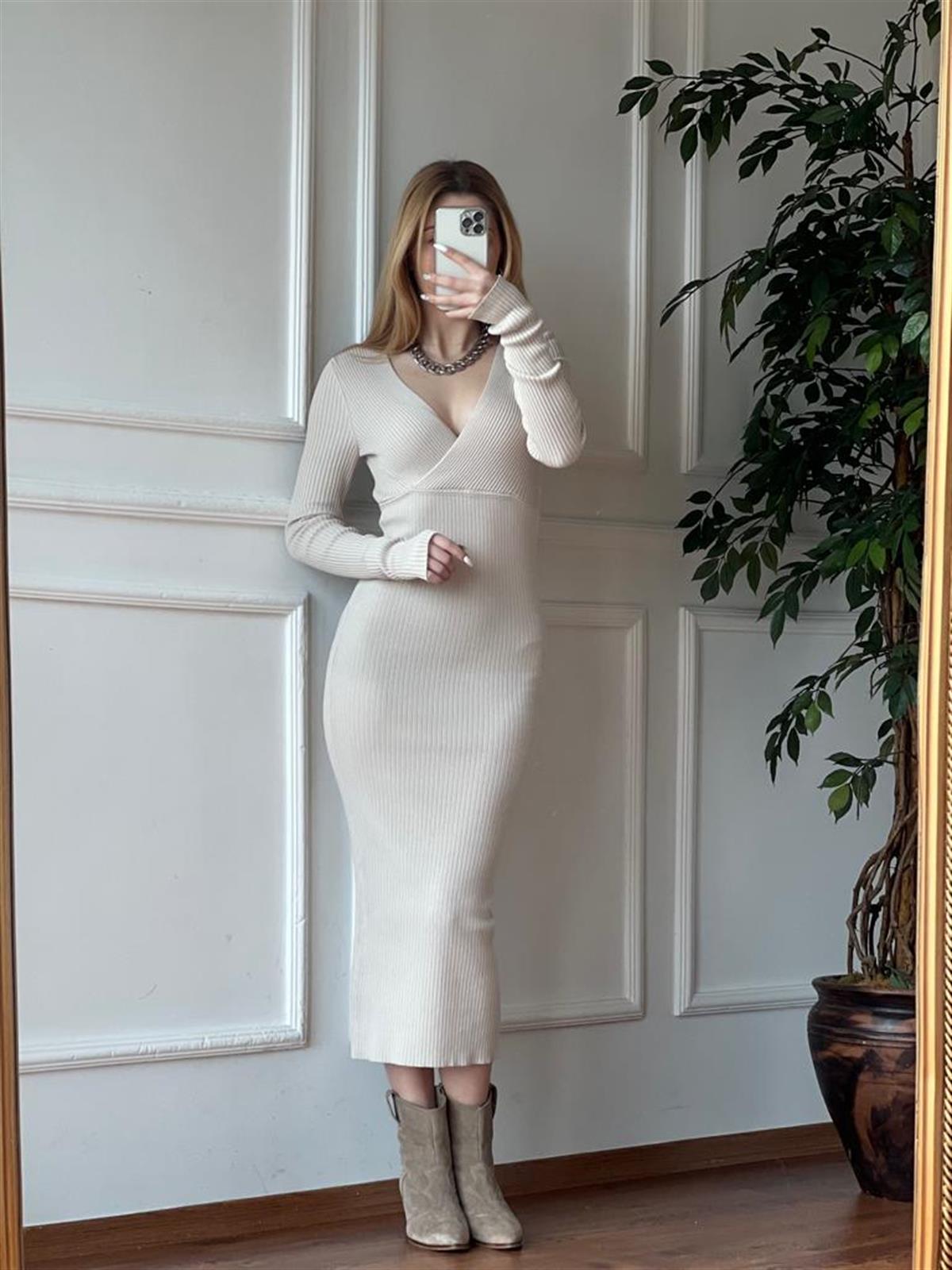 Fitilli Kruvaze Triko Elbise 2937 Bej