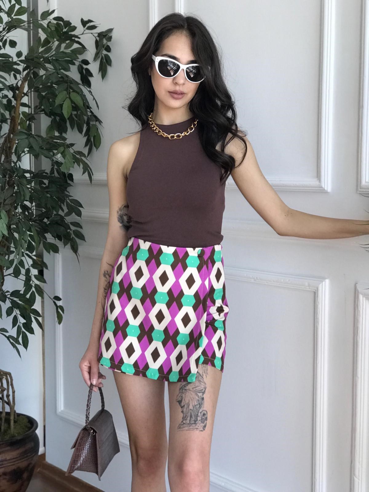 Geometrik Desenli Şort Etek 3258 Bej