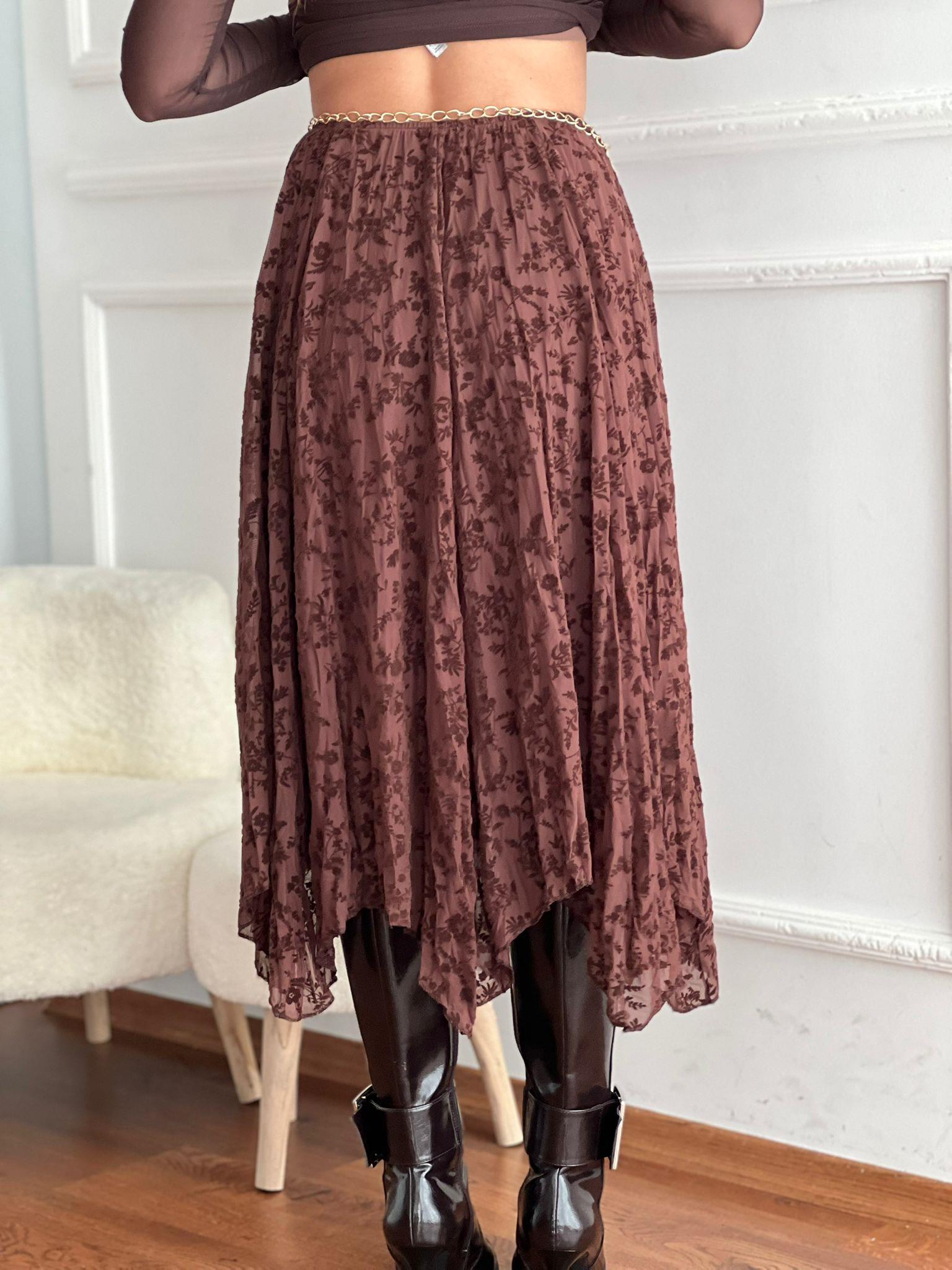 Güpür Detaylı Asimetrik Etek 2851 Kahverengi