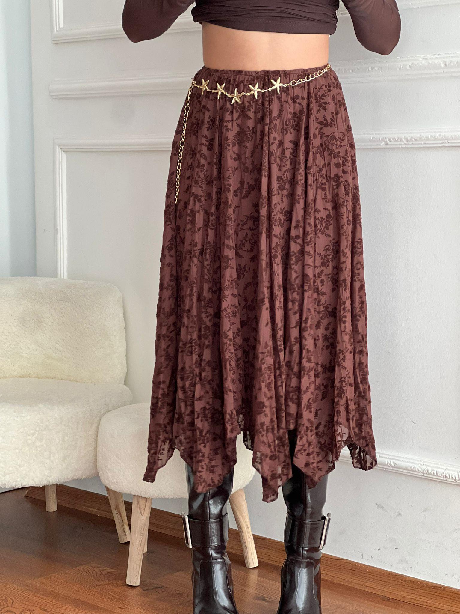 Güpür Detaylı Asimetrik Etek 2851 Kahverengi