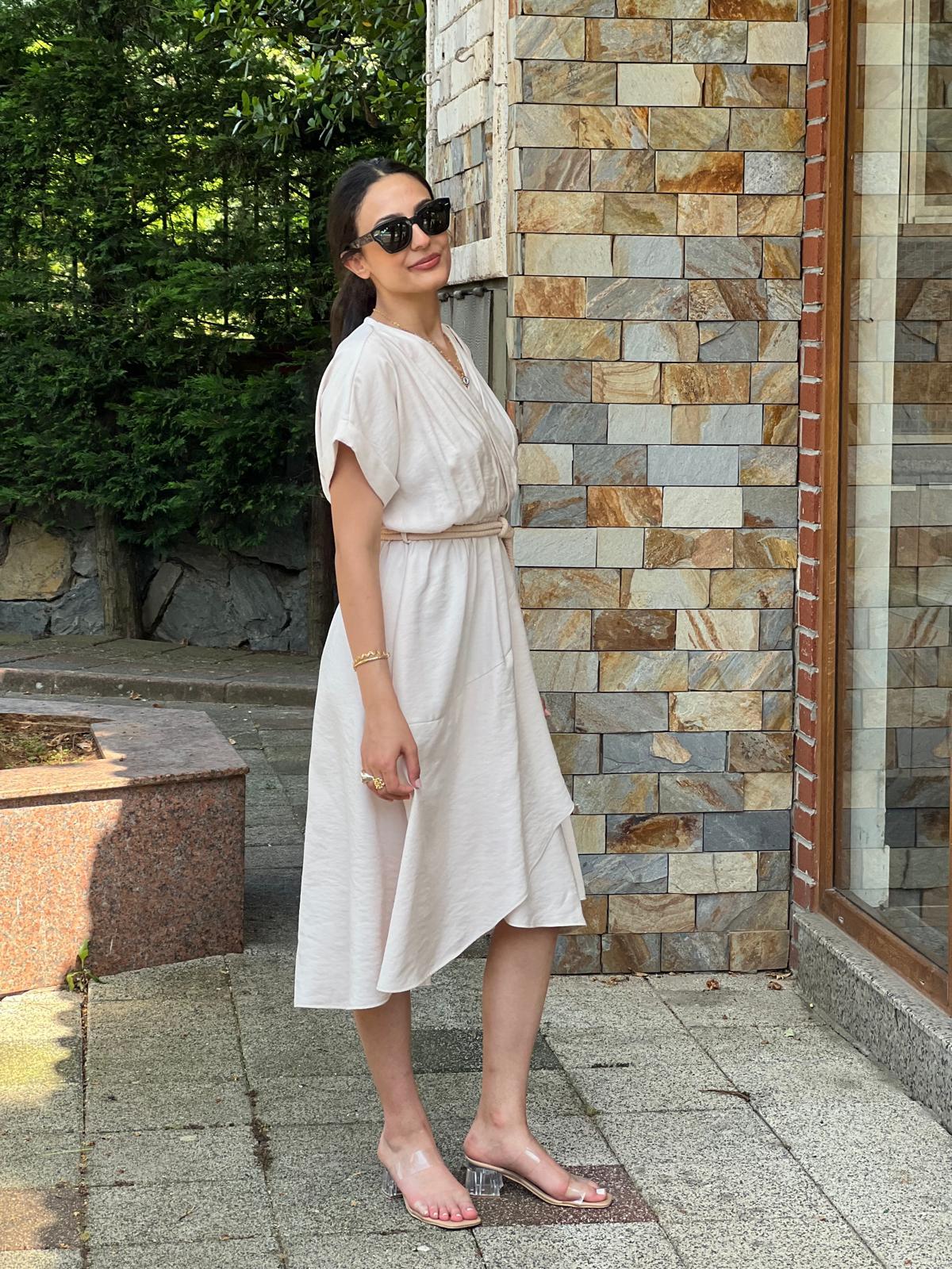 Halat Kemerli Elbise 105675 Bej