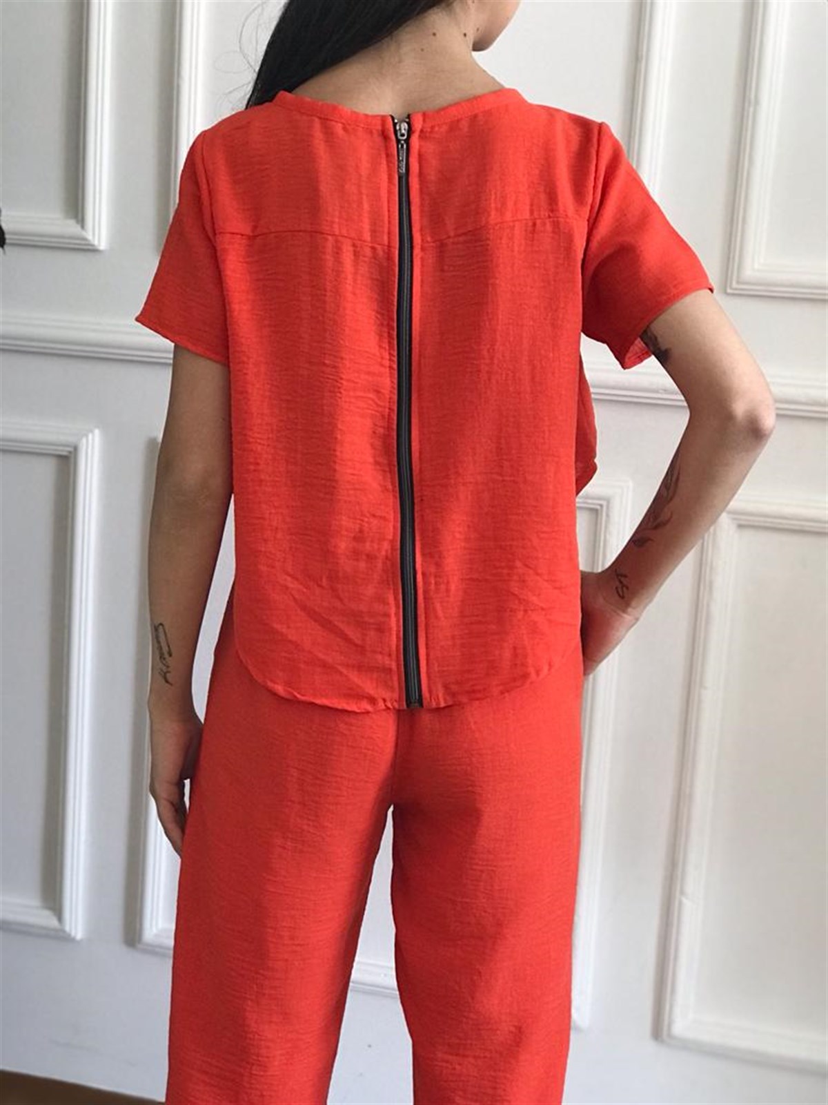 İki Parça Olabilen Keten Tulum 22358 Çiçeği