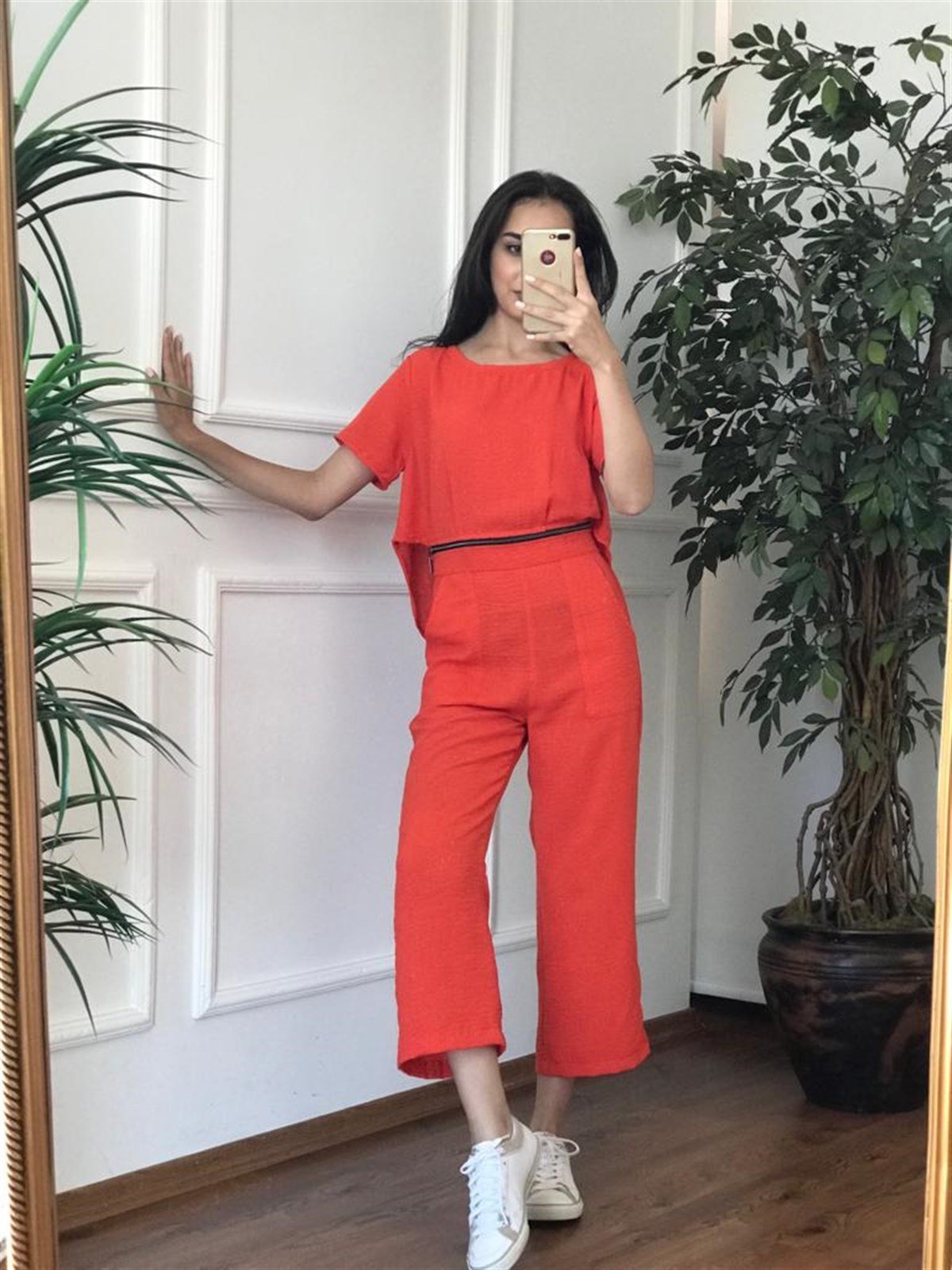 İki Parça Olabilen Keten Tulum 22358 Çiçeği