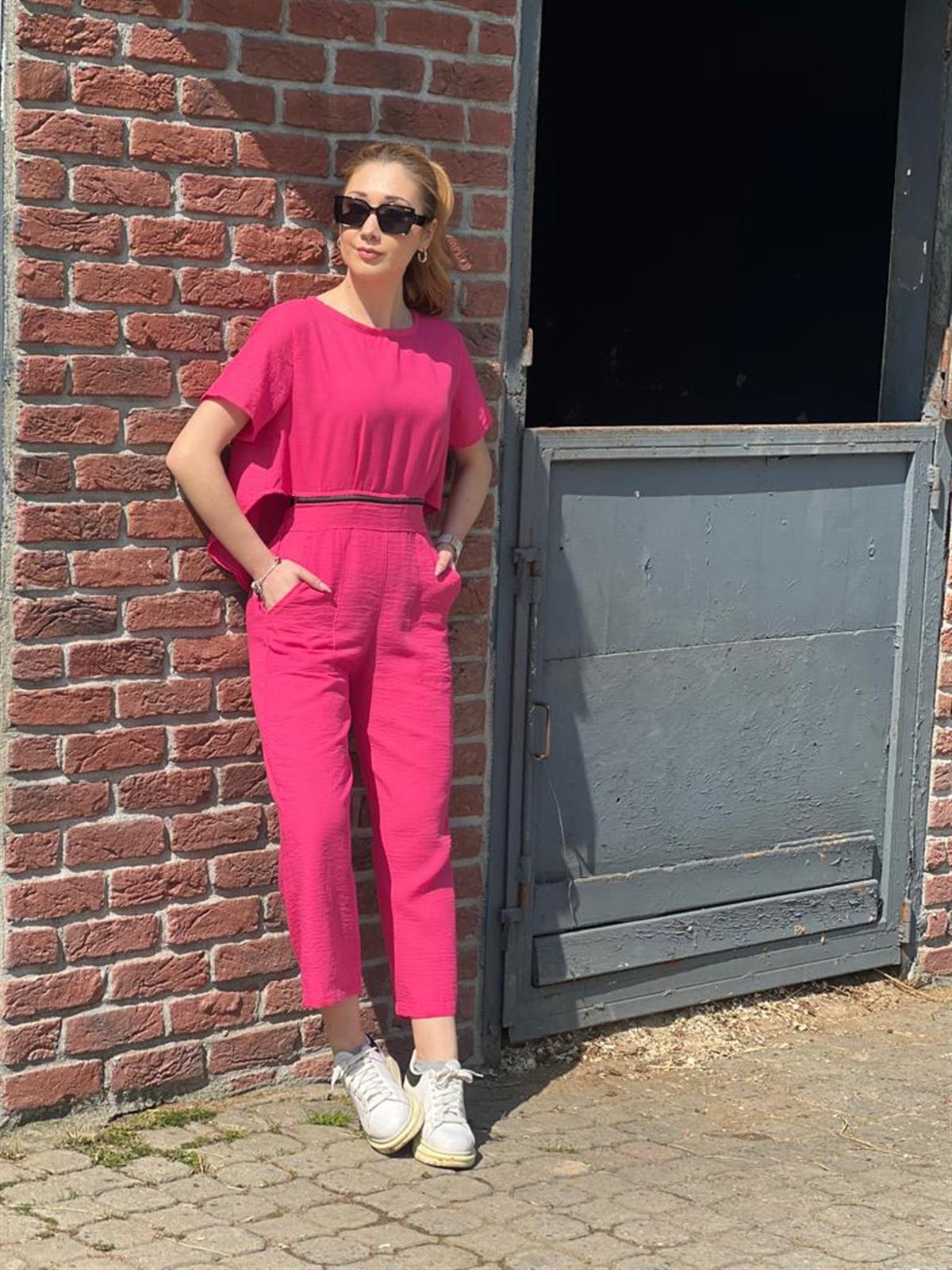 İki Parça Olabilen Keten Tulum 22358 Fuşya