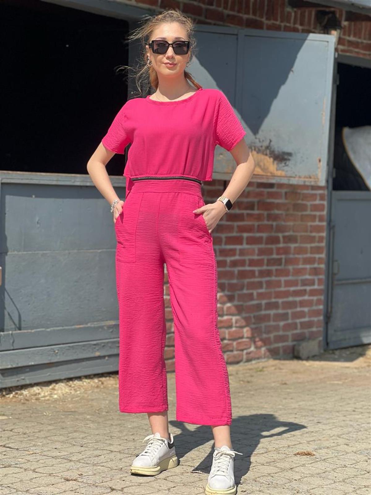 İki Parça Olabilen Keten Tulum 22358 Fuşya