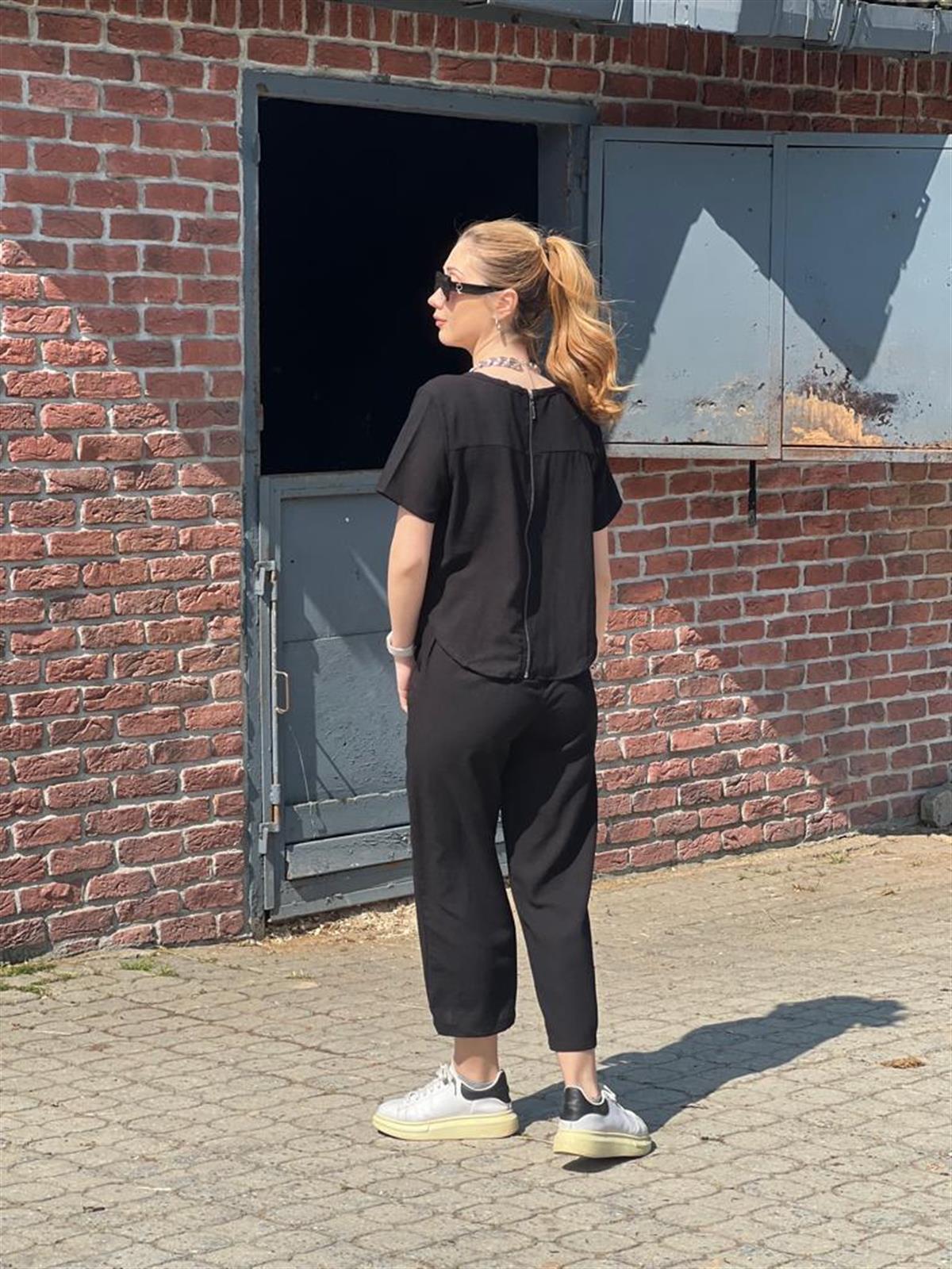 İki Parça Olabilen Keten Tulum 22358 Siyah