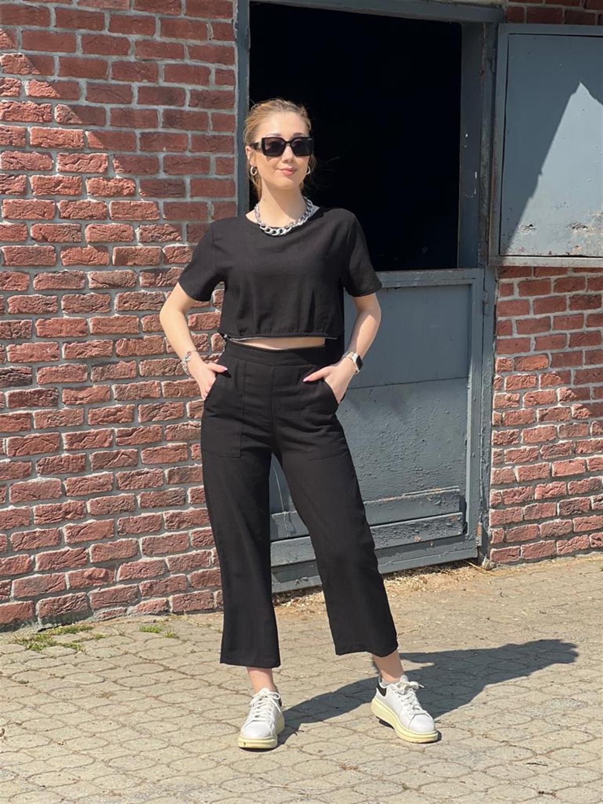 İki Parça Olabilen Keten Tulum 22358 Siyah