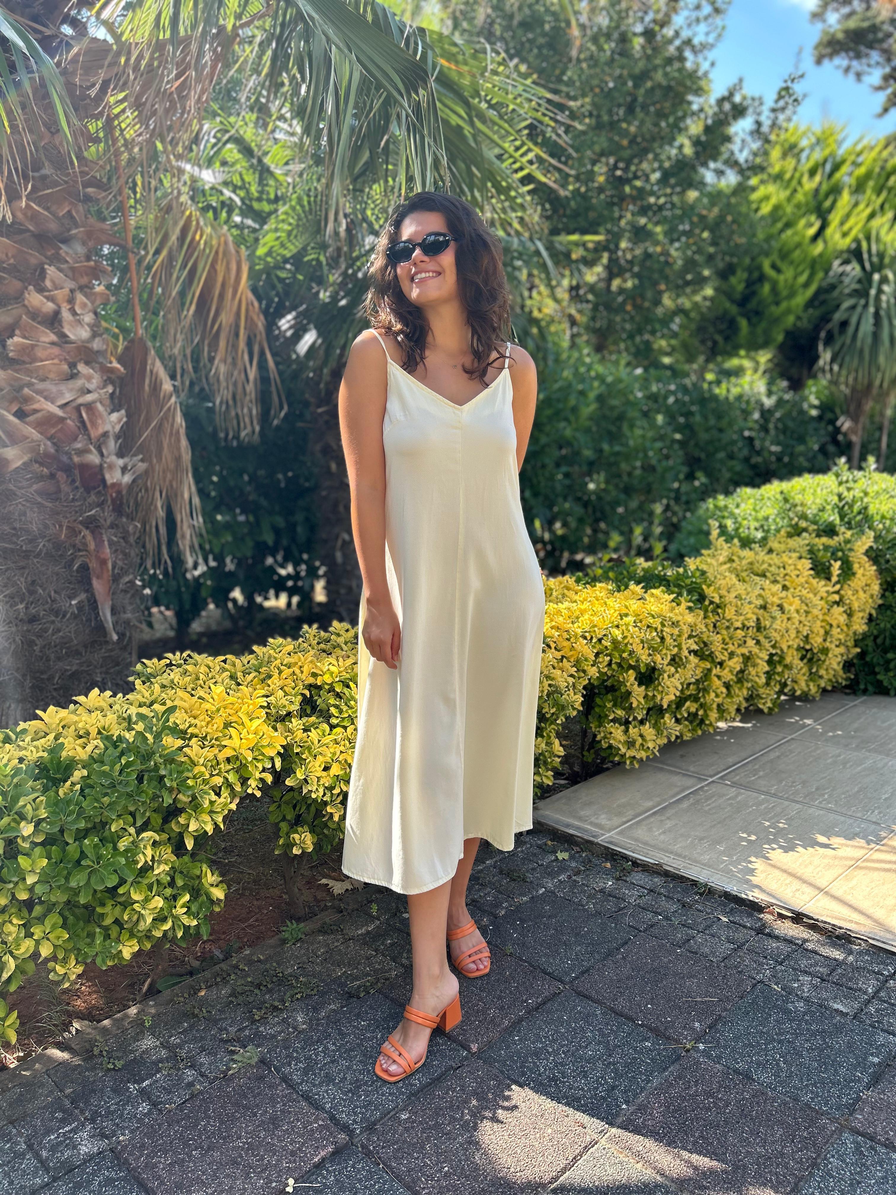 İnce Askılı Parçaboya Elbise 90562 Açık Sarı