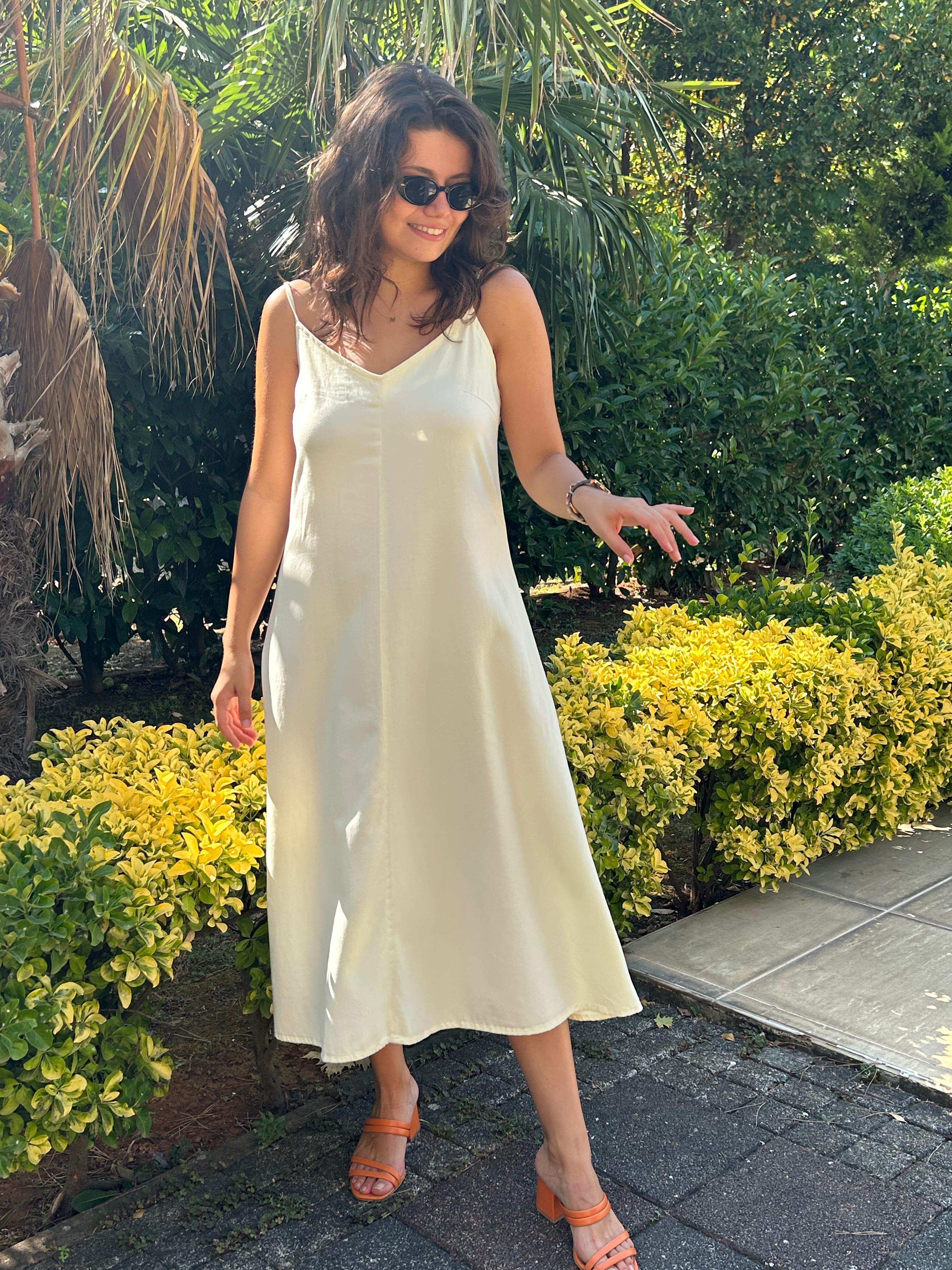 İnce Askılı Parçaboya Elbise 90562 Açık Sarı