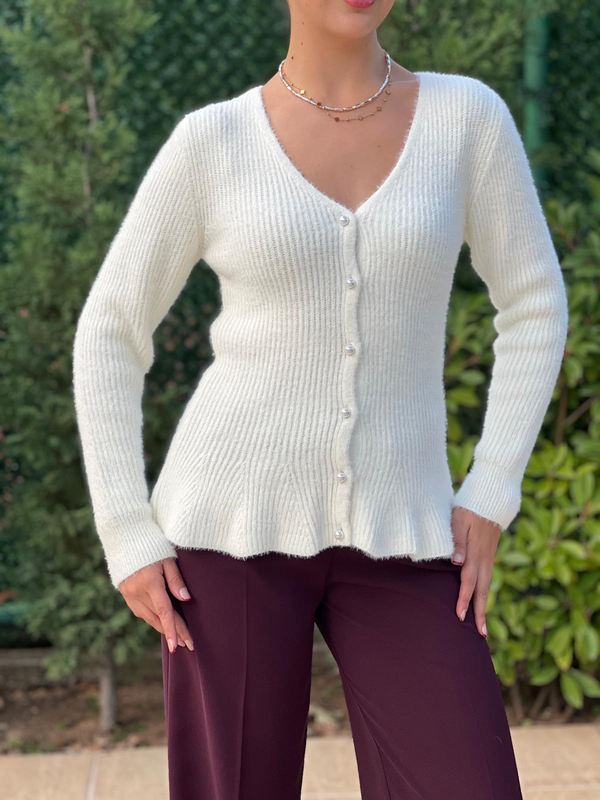 İnci Düğmeli Volanlı Hırka 25716 Ekru