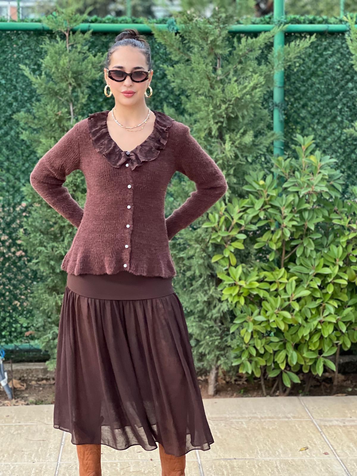 İnci Düğmeli Volanlı Hırka 25716 Kahverengi