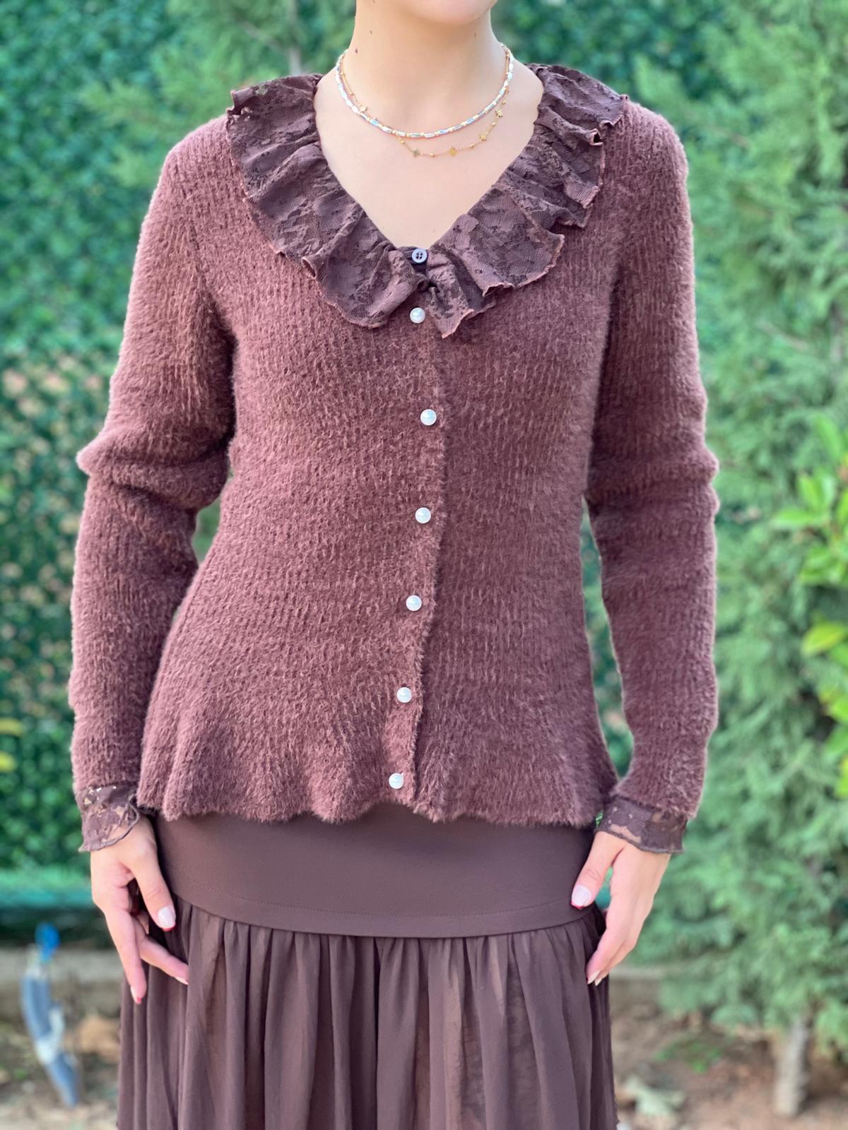 İnci Düğmeli Volanlı Hırka 25716 Kahverengi