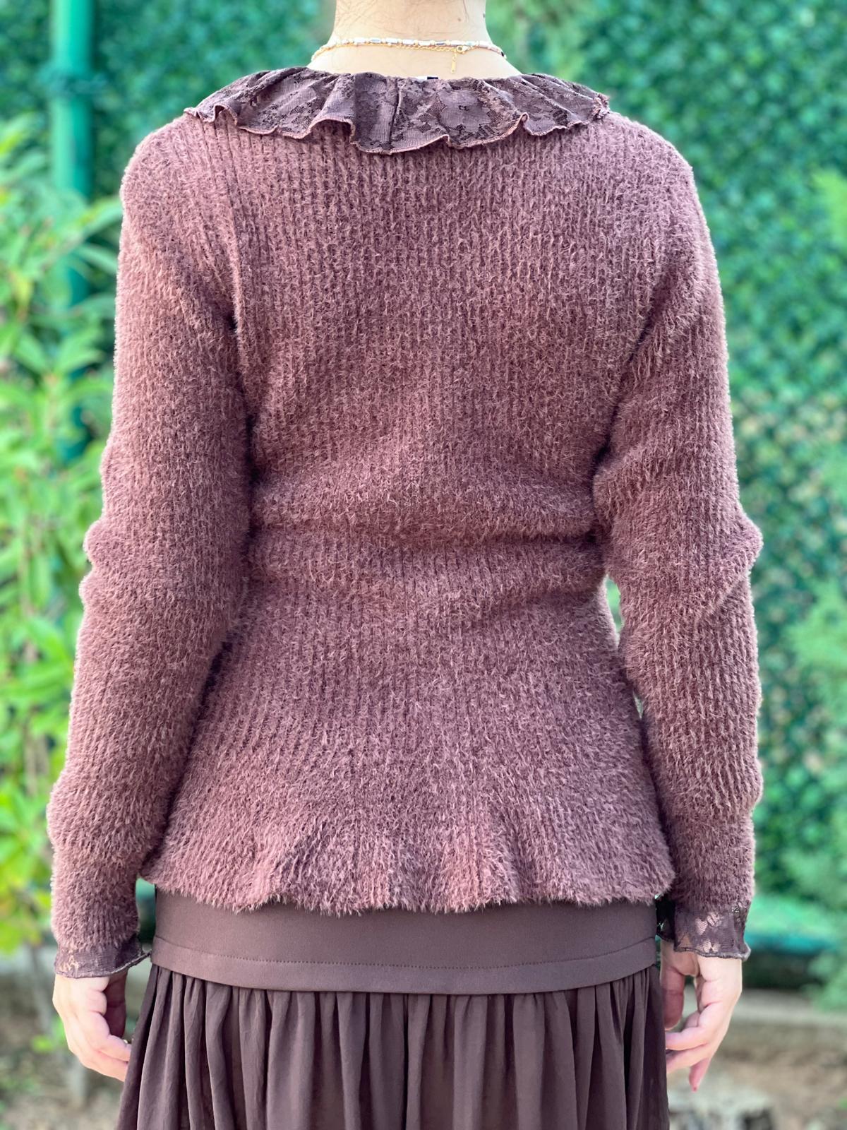 İnci Düğmeli Volanlı Hırka 25716 Kahverengi