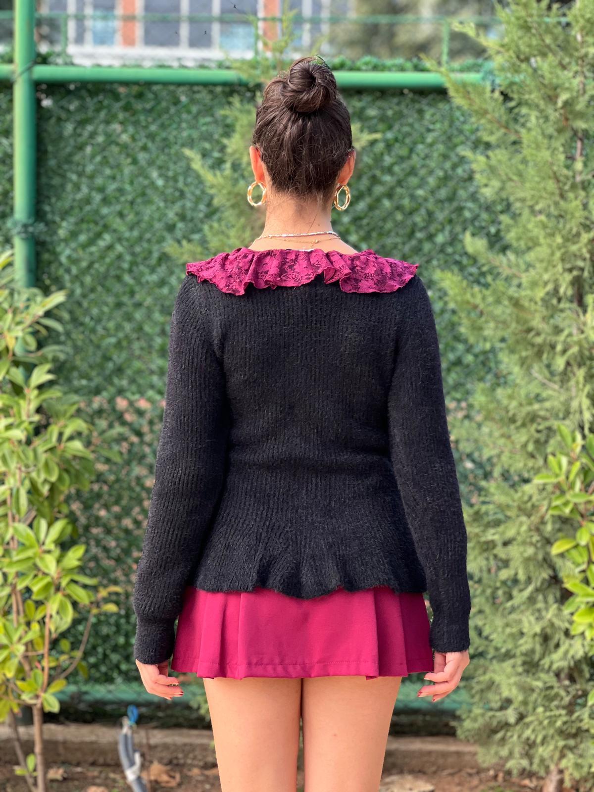 İnci Düğmeli Volanlı Hırka 25716 Siyah