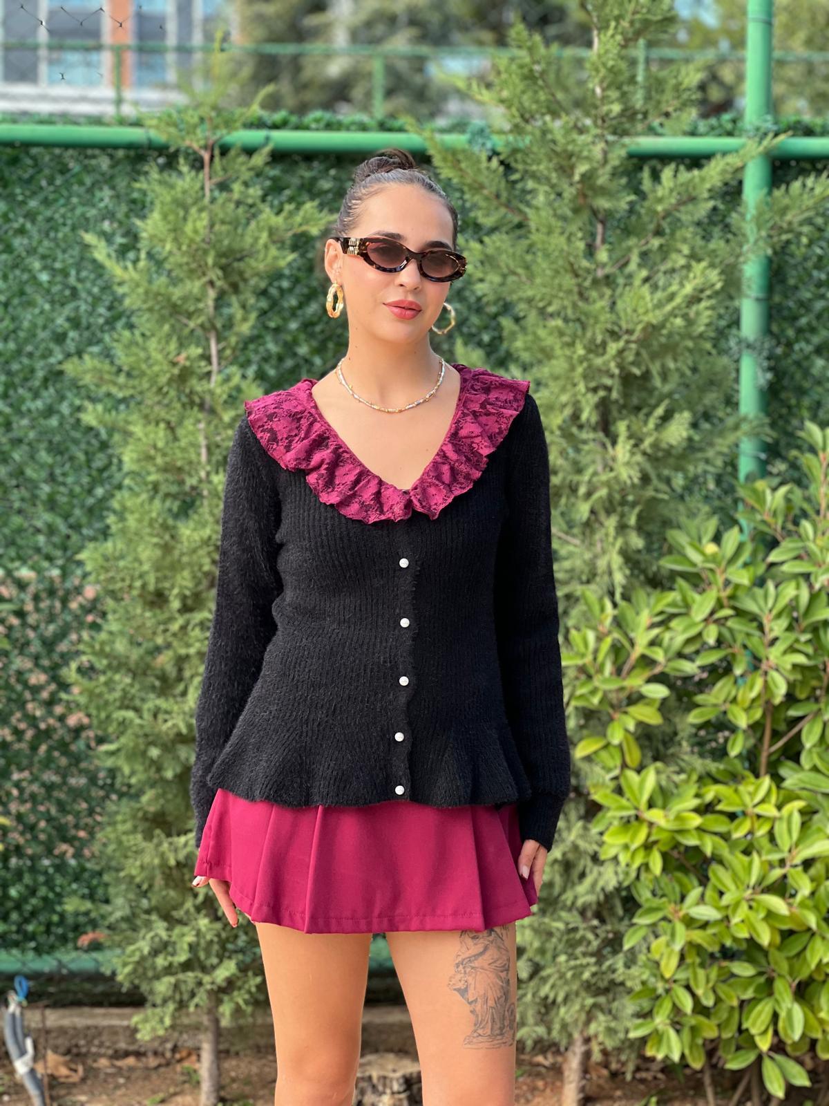 İnci Düğmeli Volanlı Hırka 25716 Siyah