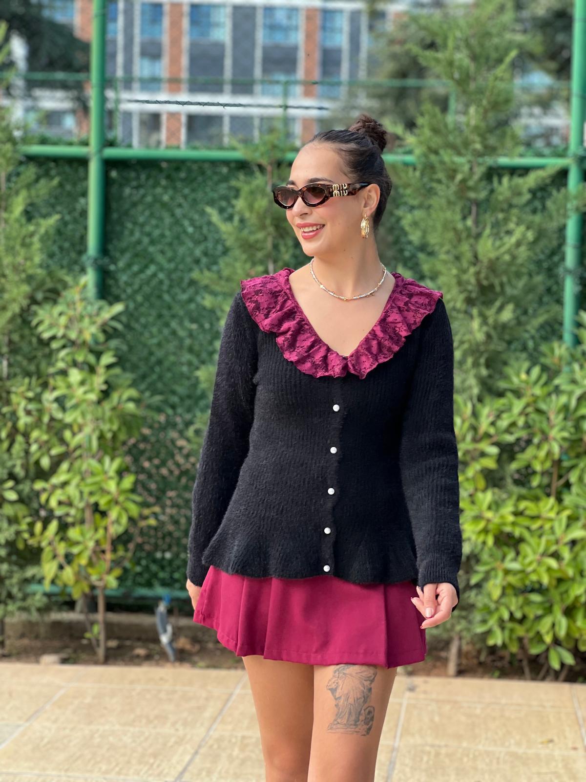 İnci Düğmeli Volanlı Hırka 25716 Siyah