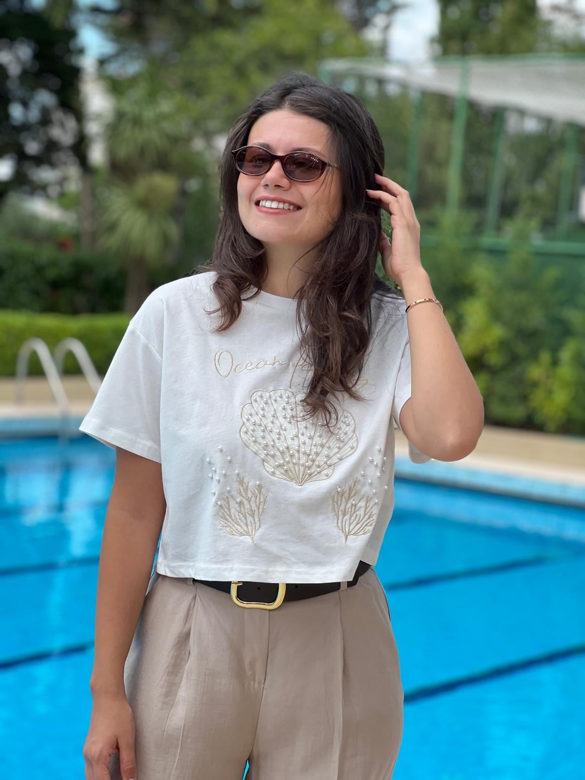 İnci Nakışlı Tshirt 01944 Ekru