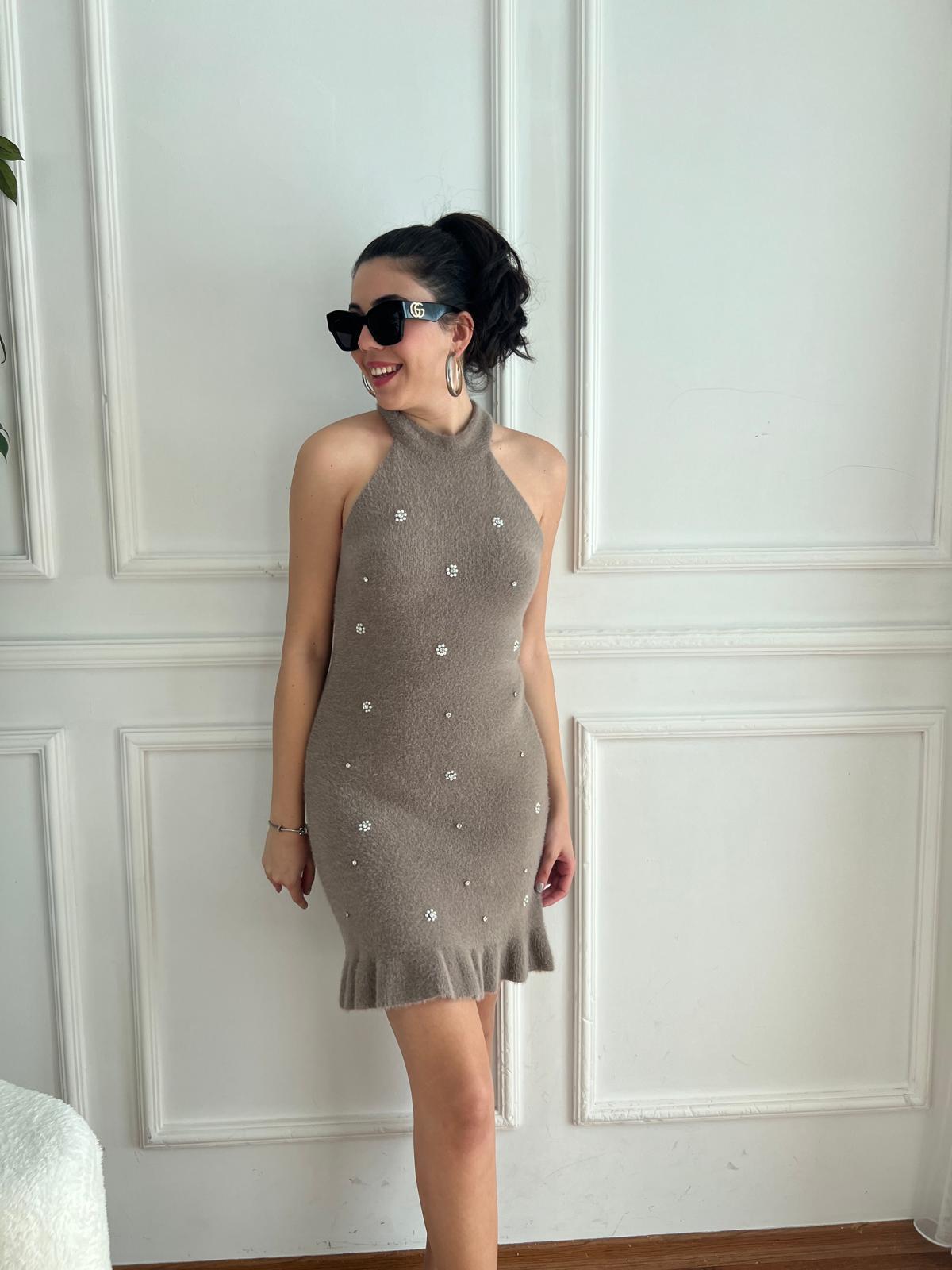 İncili Triko Elbise 4470 Kahverengi