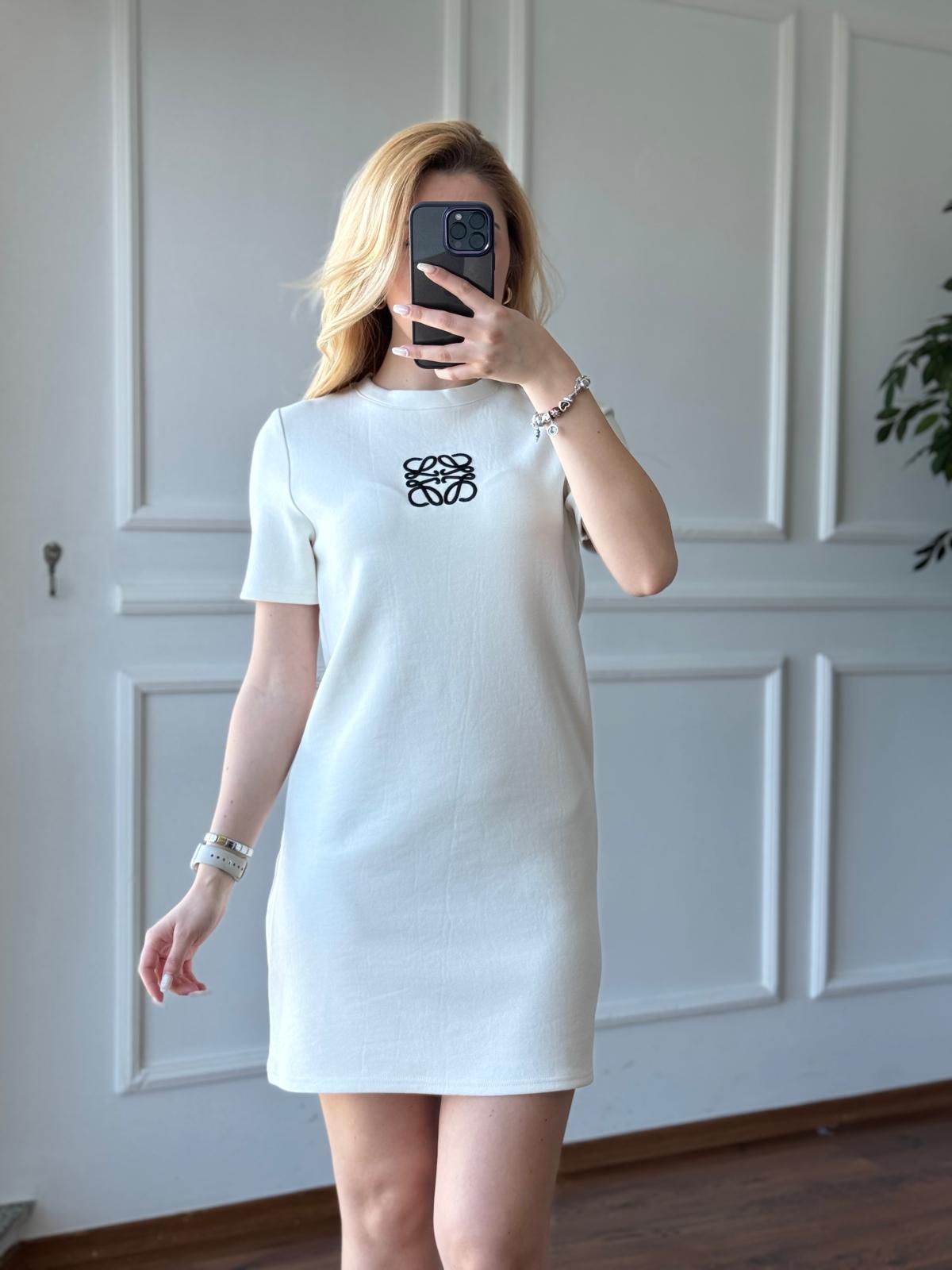 Kabartma Nakışlı Penye Elbise 4008 Ekru