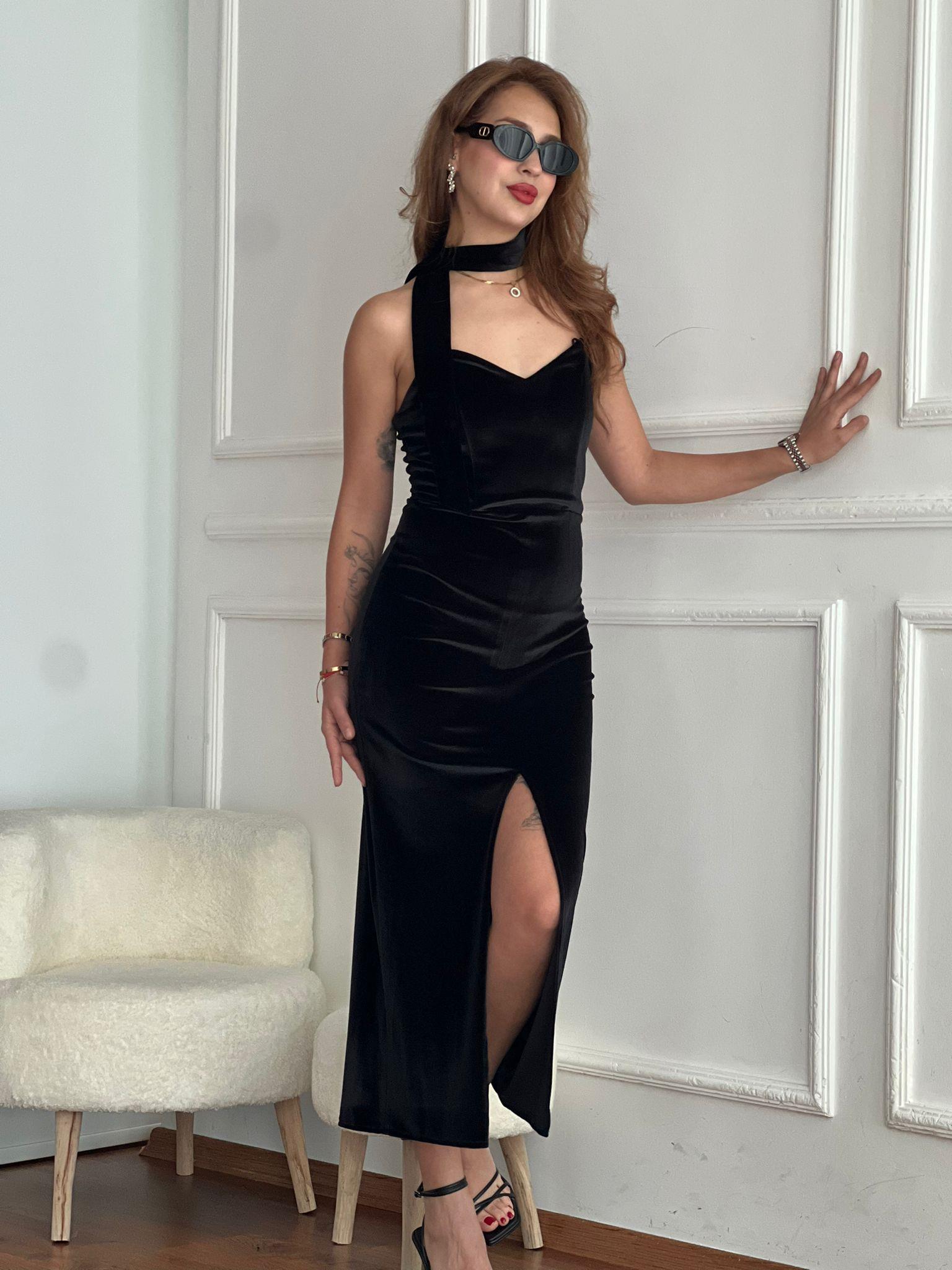 Kadife Fularlı Elbise 01307 Siyah