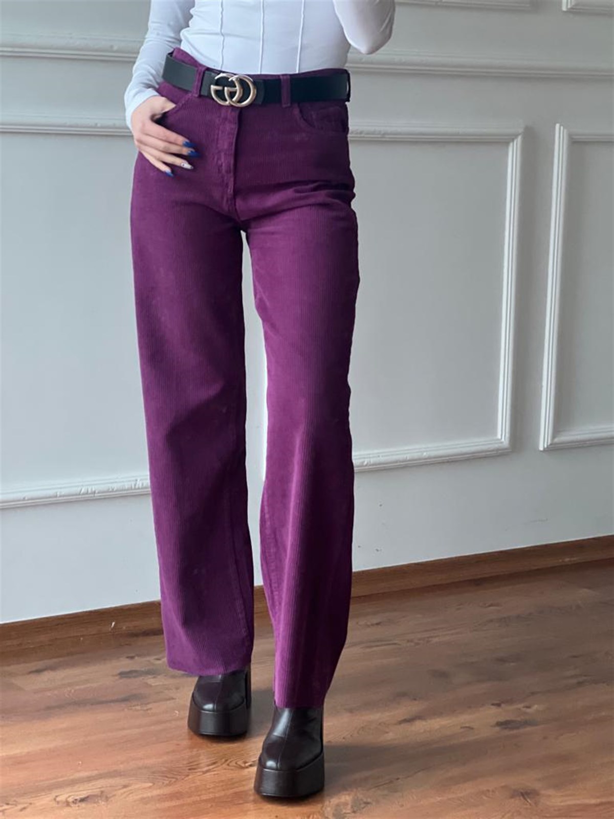 Kadife Palazzo Pantolon 4656 Mor