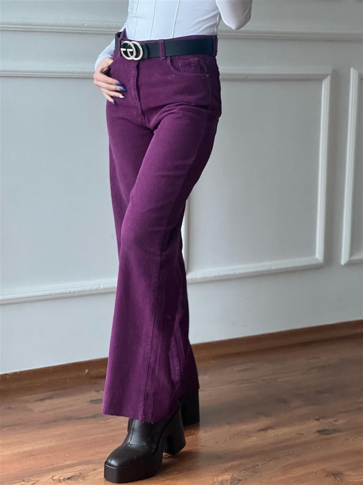 Kadife Palazzo Pantolon 4656 Mor
