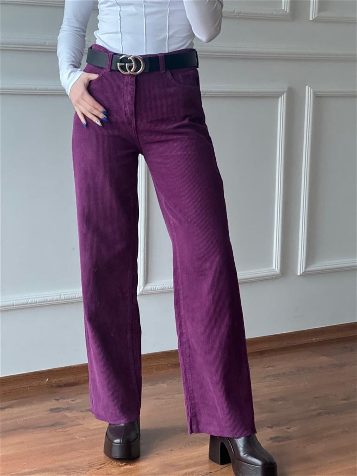 Kadife Palazzo Pantolon 4656 Mor