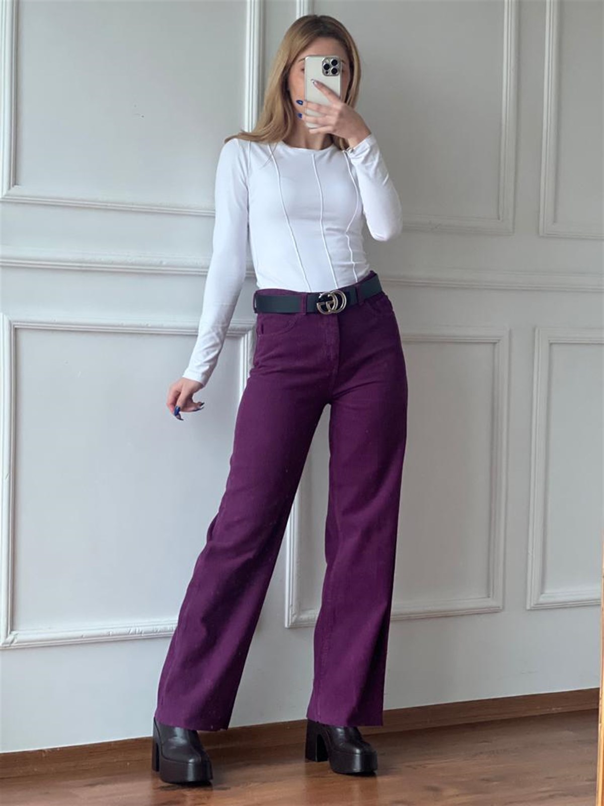 Kadife Palazzo Pantolon 4656 Mor