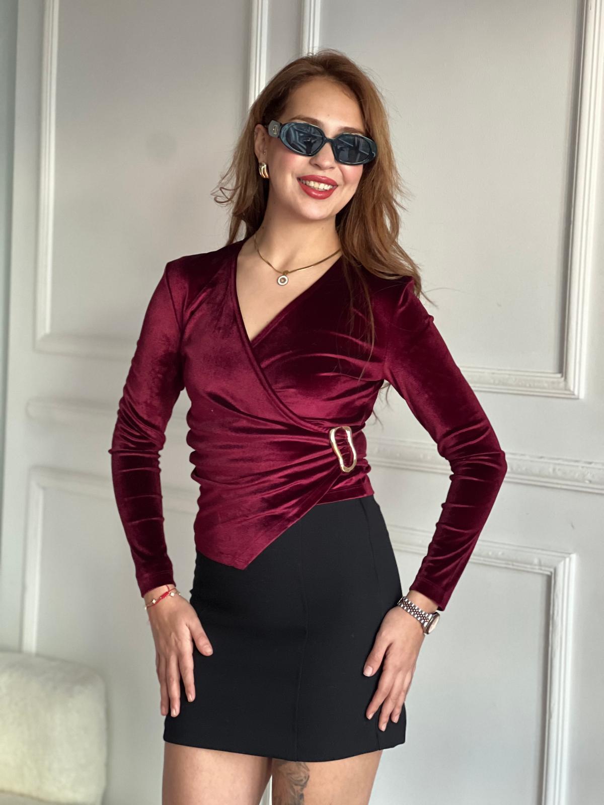 Kadife Yandan Tokalı Bluz 4898 Bordo