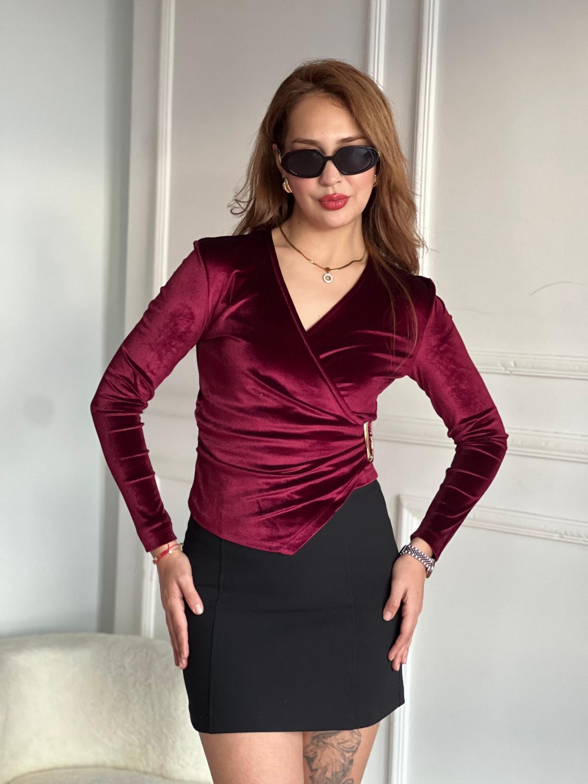 Kadife Yandan Tokalı Bluz 4898 Bordo