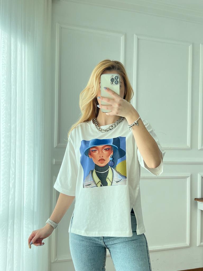 Kadın Baskılı Tshirt 28411 Ekru