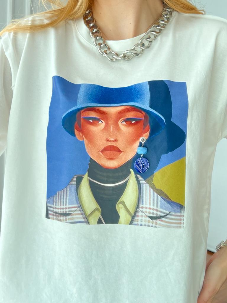 Kadın Baskılı Tshirt 28411 Ekru