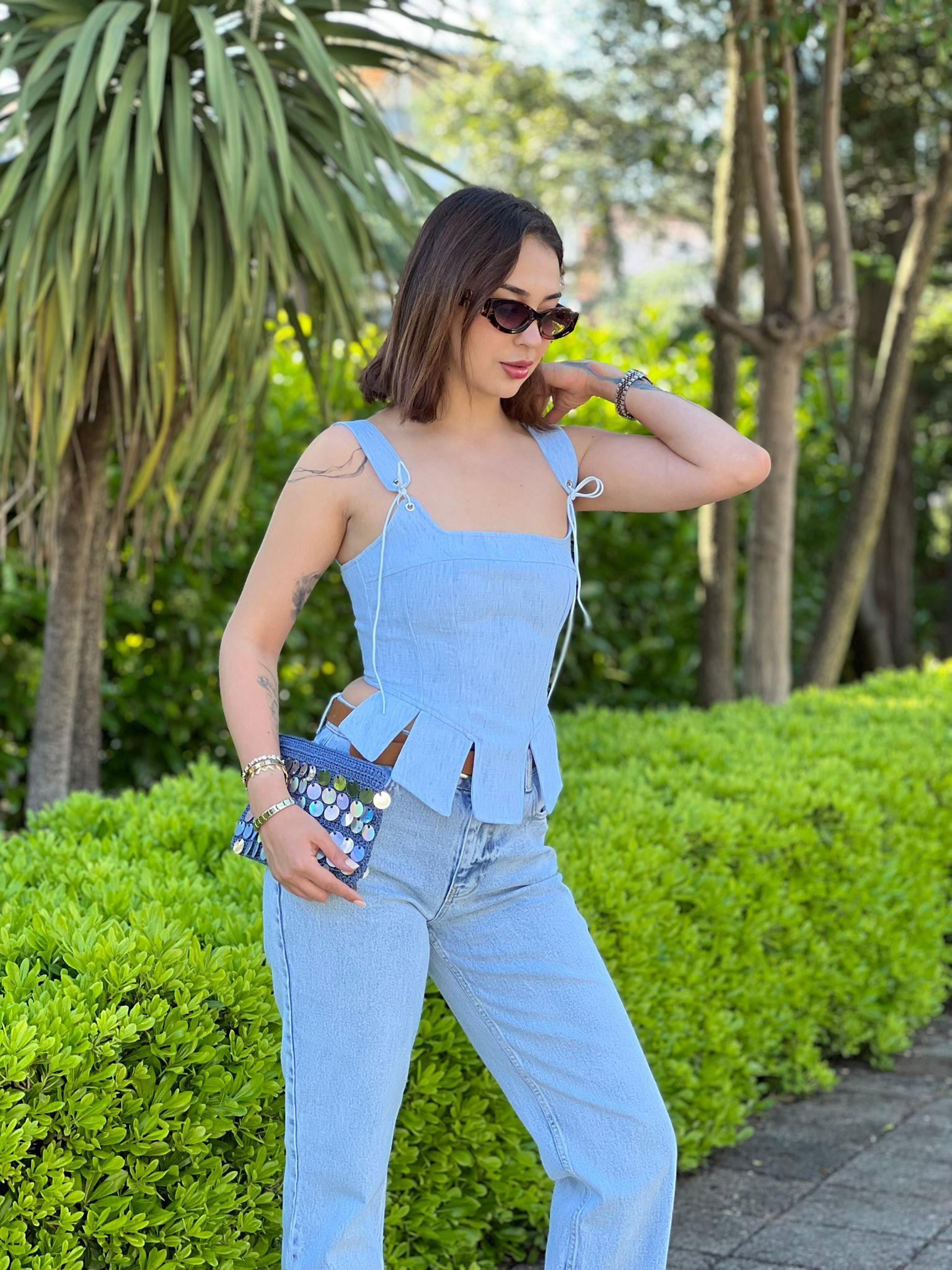 Kalın Askılı Bluz 02040 Mavi