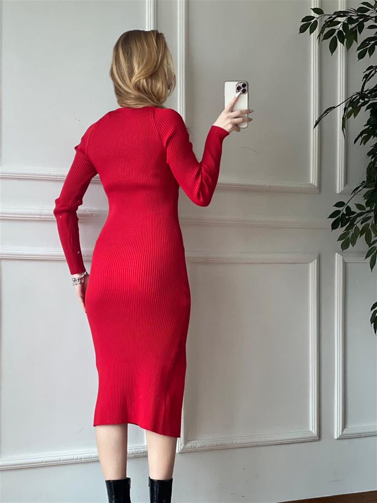 Kalp Yaka Yırtmaçlı Triko Elbise 10235 Kırmızı