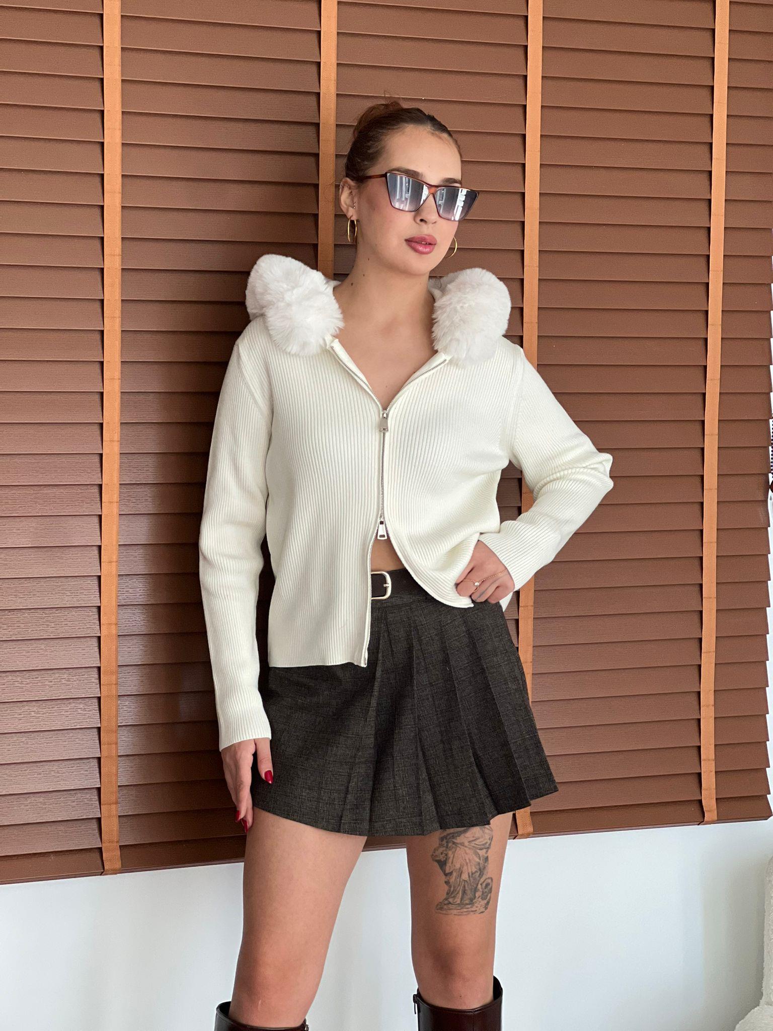 Kapşonlu Kürklü Triko Hırka 25449 Kemik