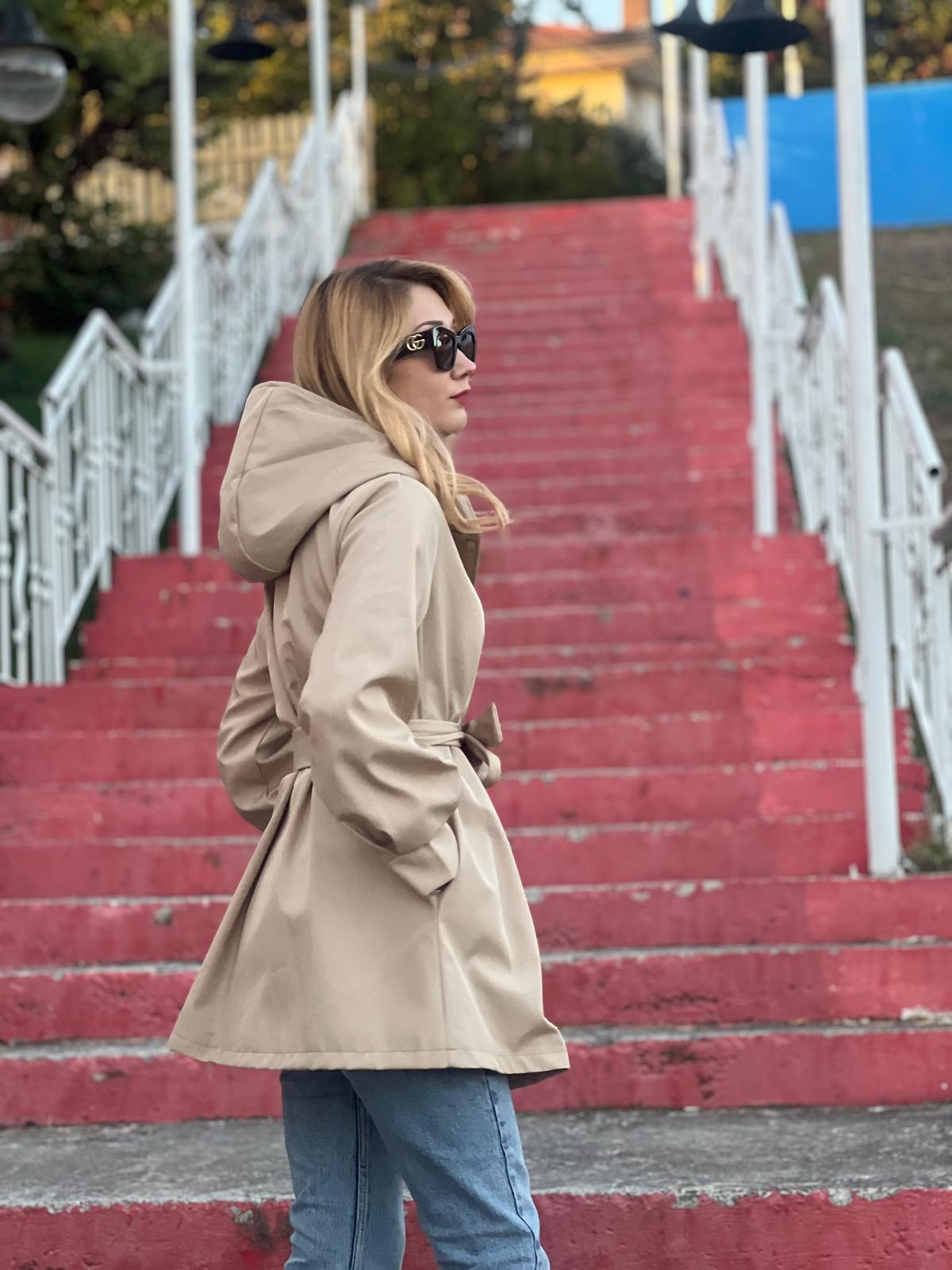 Kapşonlu Trençkot 5934 Bej