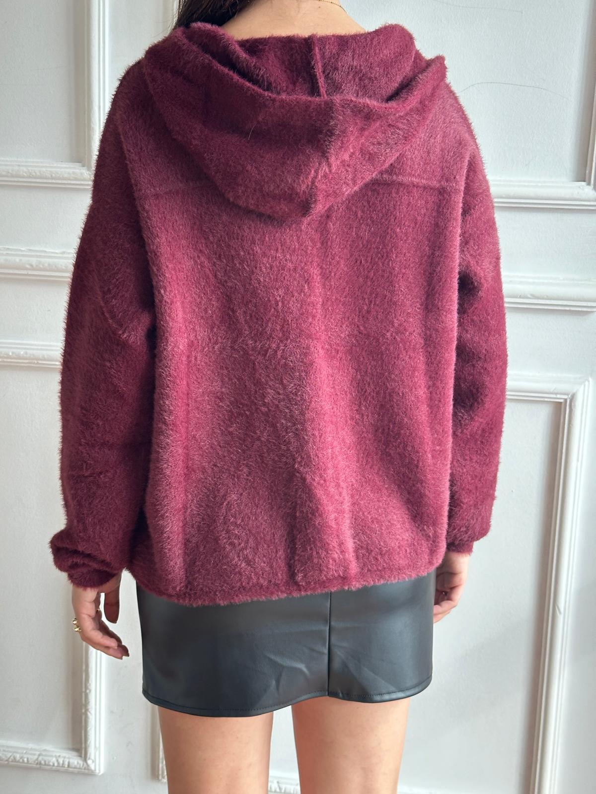 Kapşonlu Triko Hırka 24400 Bordo