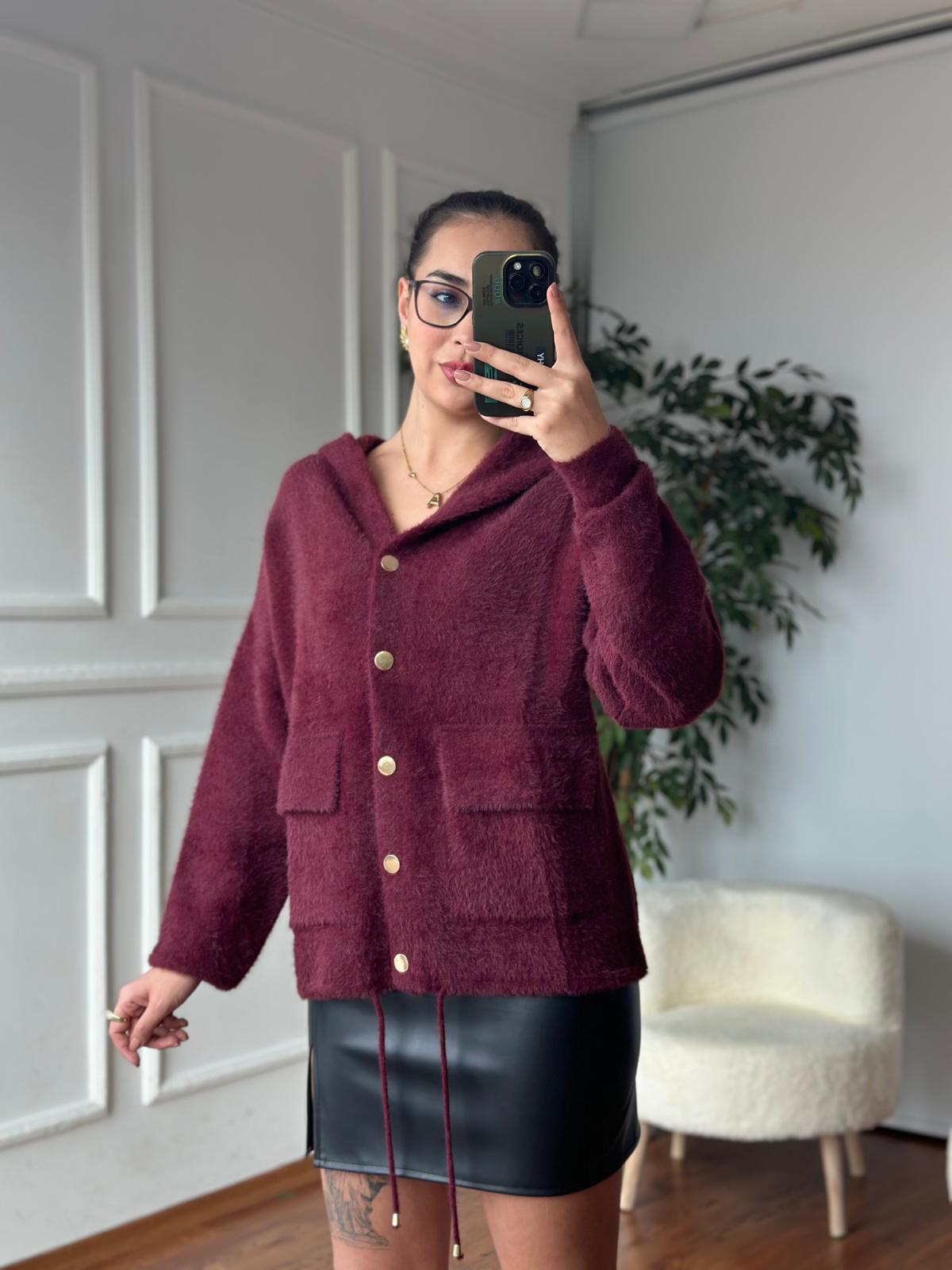 Kapşonlu Triko Hırka 24400 Bordo