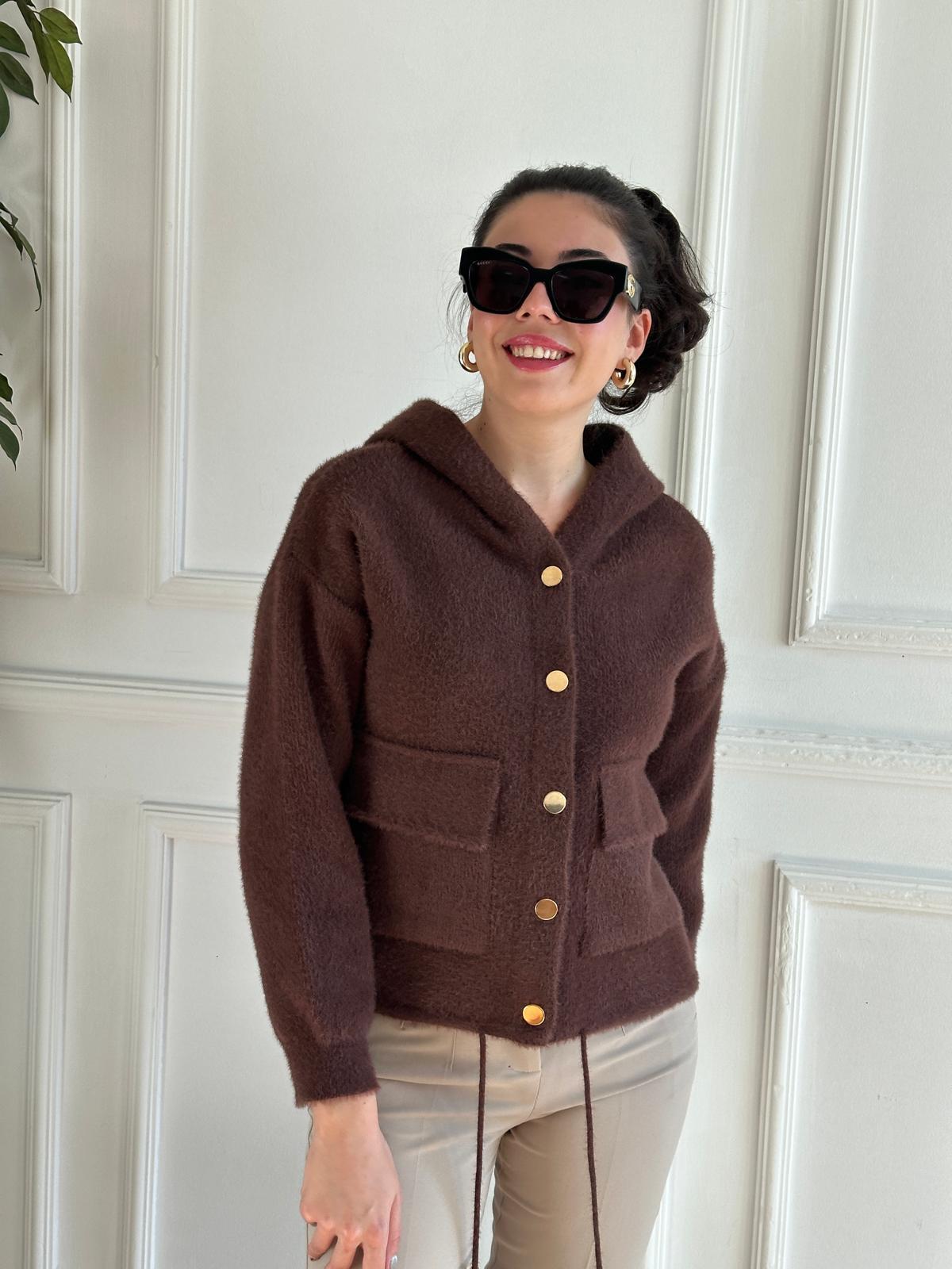 Kapşonlu Triko Hırka 24400 Koyu Kahve